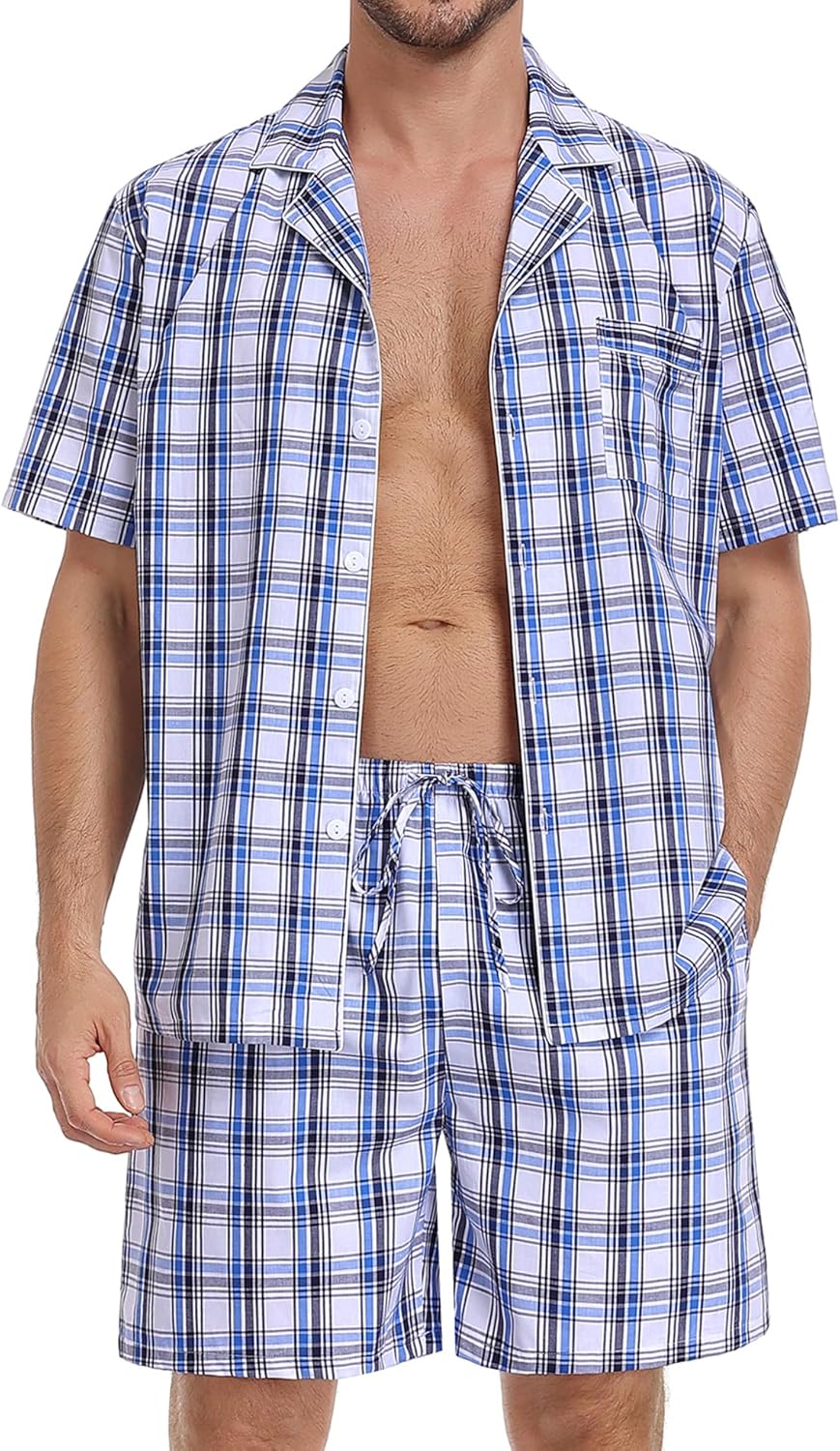 SWOMOG Mens 100% Cotton Pajama Set 2Pcs Button Down Pjs Set Short Sleeve Sleepwear with Pocket Soft Summer Stripe Nightwear