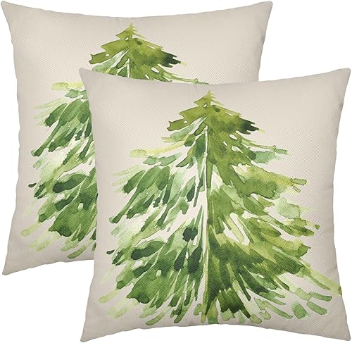 Juego de 2 fundas de almohada de árbol de Navidad en acuarela de 18 x 18 pulgadas, diseño rústico de pino verde con estampado de pinos para