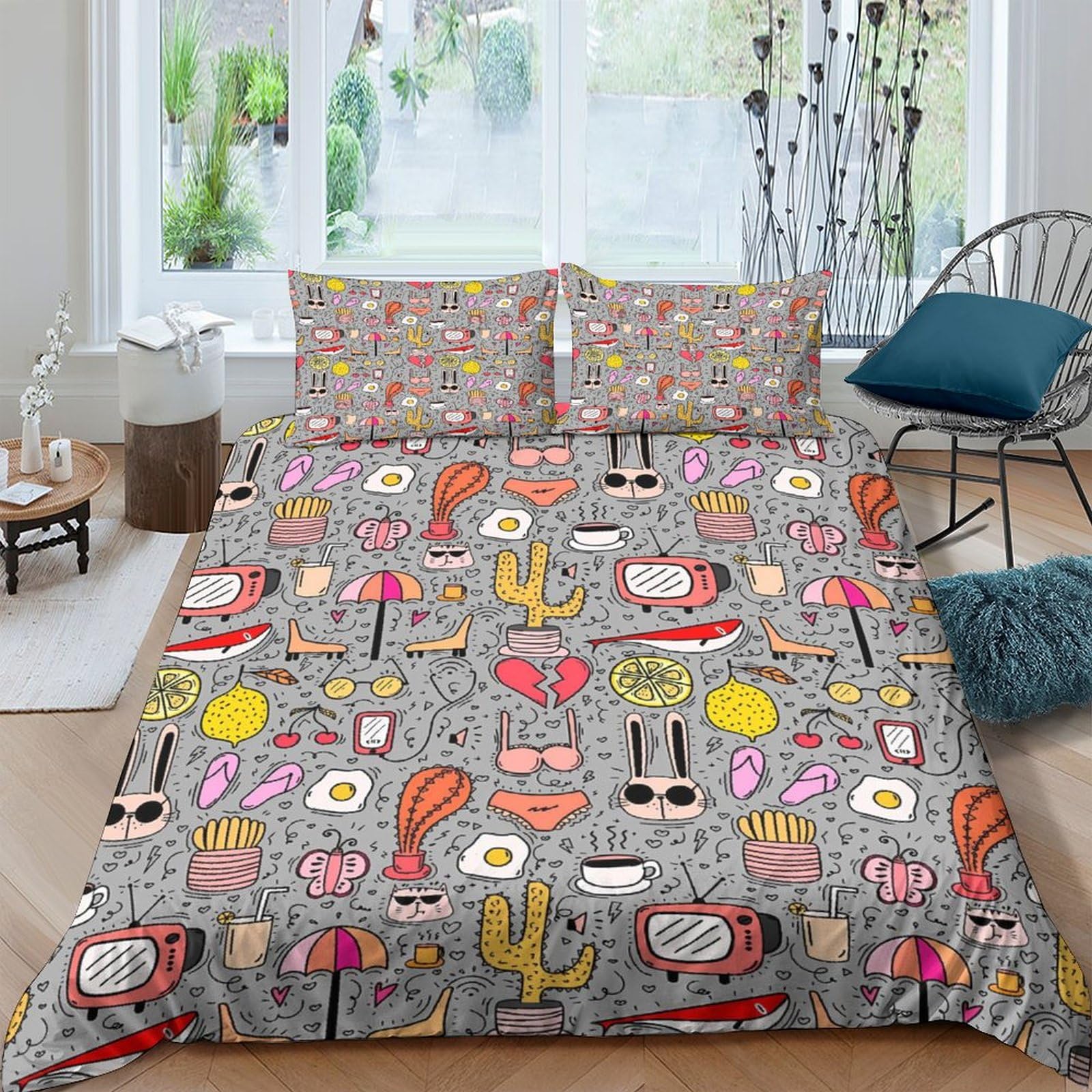 Parure de lit lapin graffiti 3D en microfibre douce et thermorégulatrice pour lit king