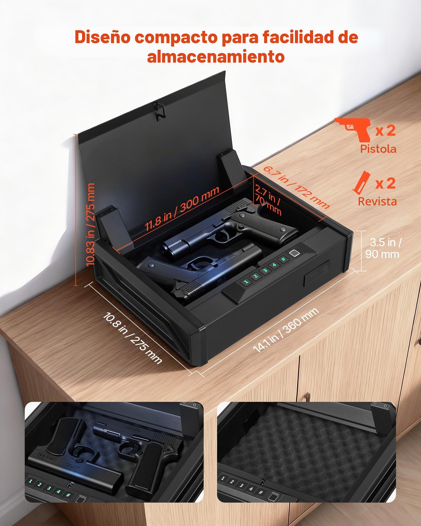 VEVOR Caja Fuerte para Pistolas de Acero, con 3 Formas de Acceso por Huella Dactilares, Contraseña y Llave, Caja Fuerte para Armas con Iluminación, Capacidad de 2 Pistolas y 2 Cargadores, Negro