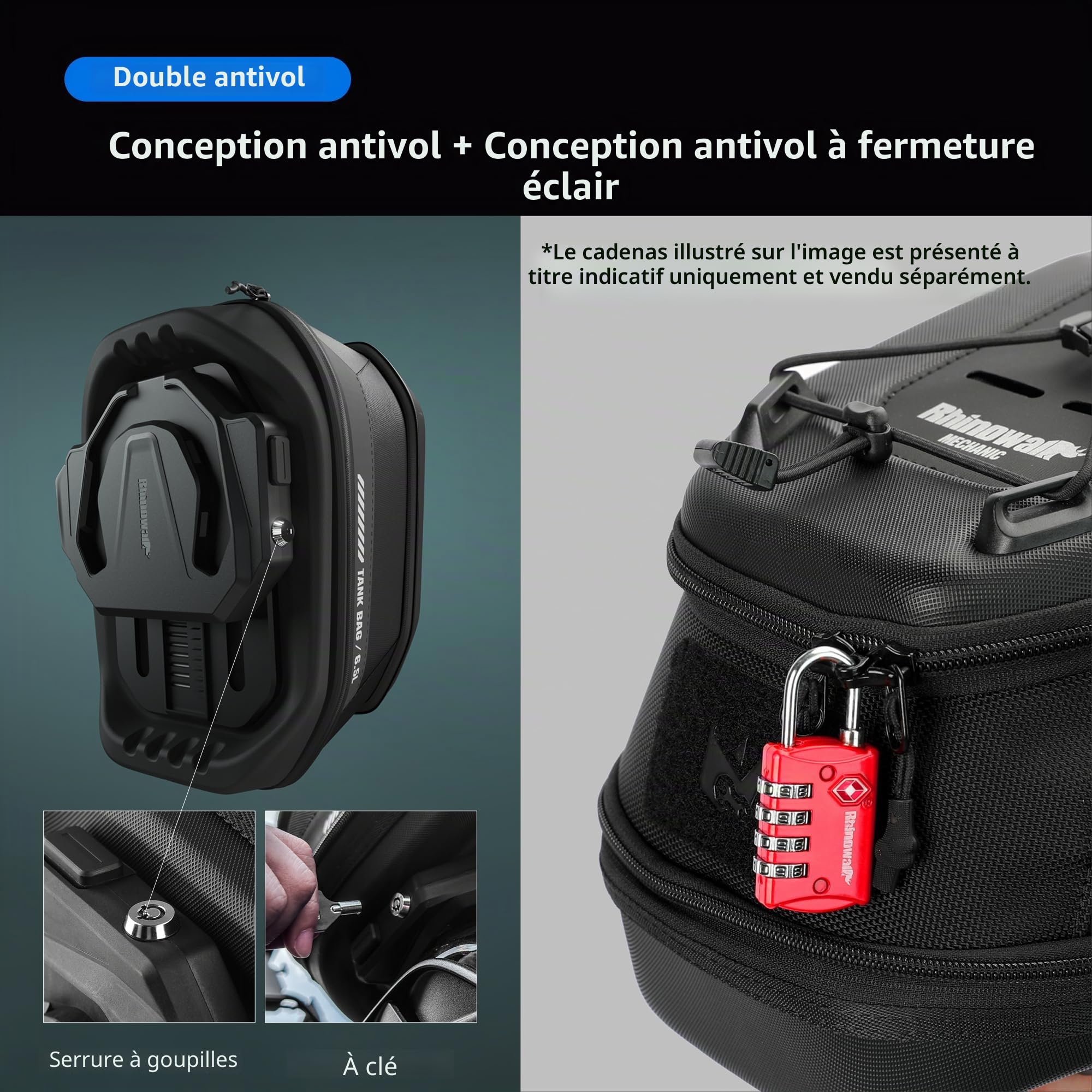 Rhinowalk Sac de réservoir de Moto magnétique à libération Rapide de 5 à 6,5 l - Capacité Extensible - Sac de Rangement pour Moto - Sac à Dos avec Housse de Pluie