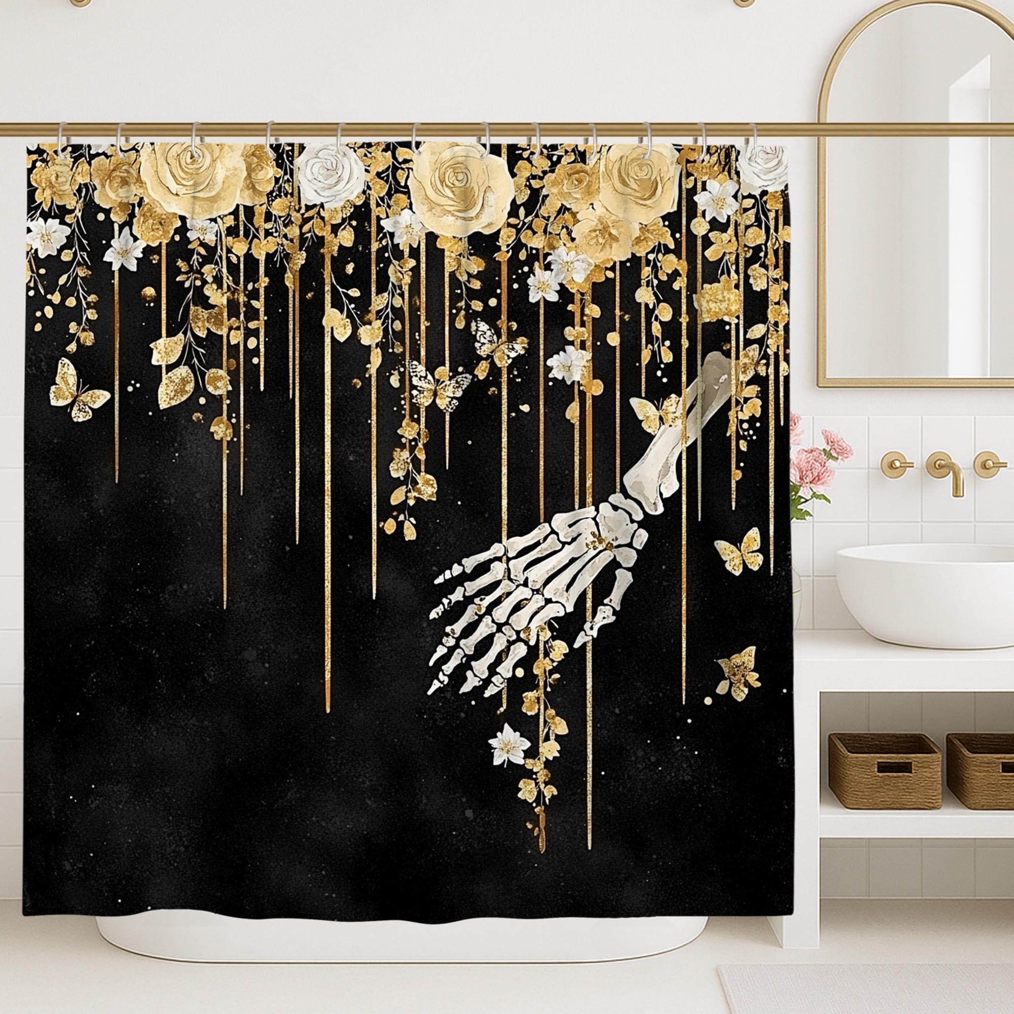 Rideau de douche squelette floral 137x198 pour une ambiance de bain mystique et relaxante