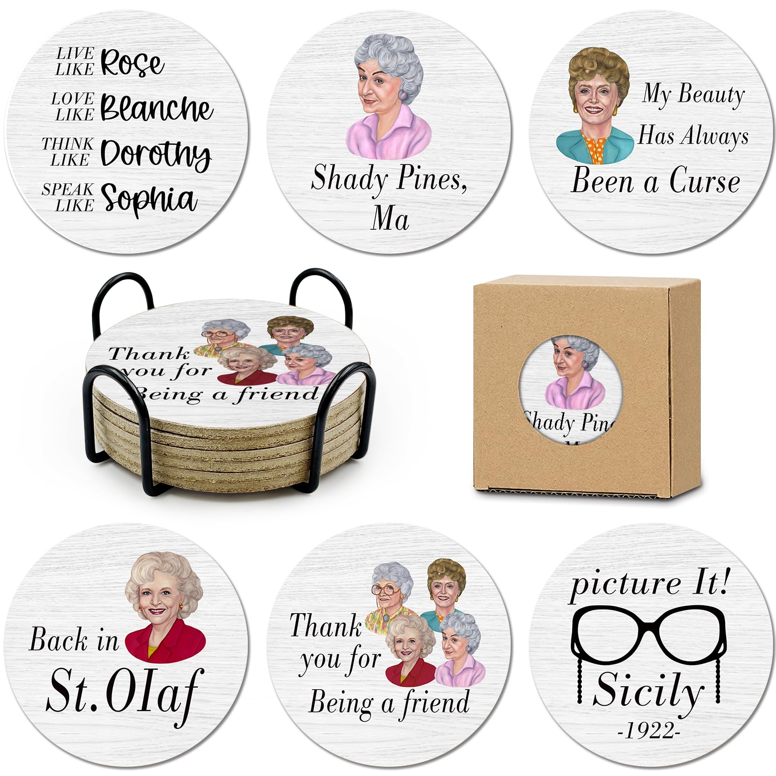 HSSPIRITZ 6 PCS Golden Girls Cork Coasters for Drinks,Golden Girls TV Show Merchandise,Funny Set with Coaster Holder,Golde Girl Kitchen Decor,Golde Girl TV Themed Coasters Gifts for Fans