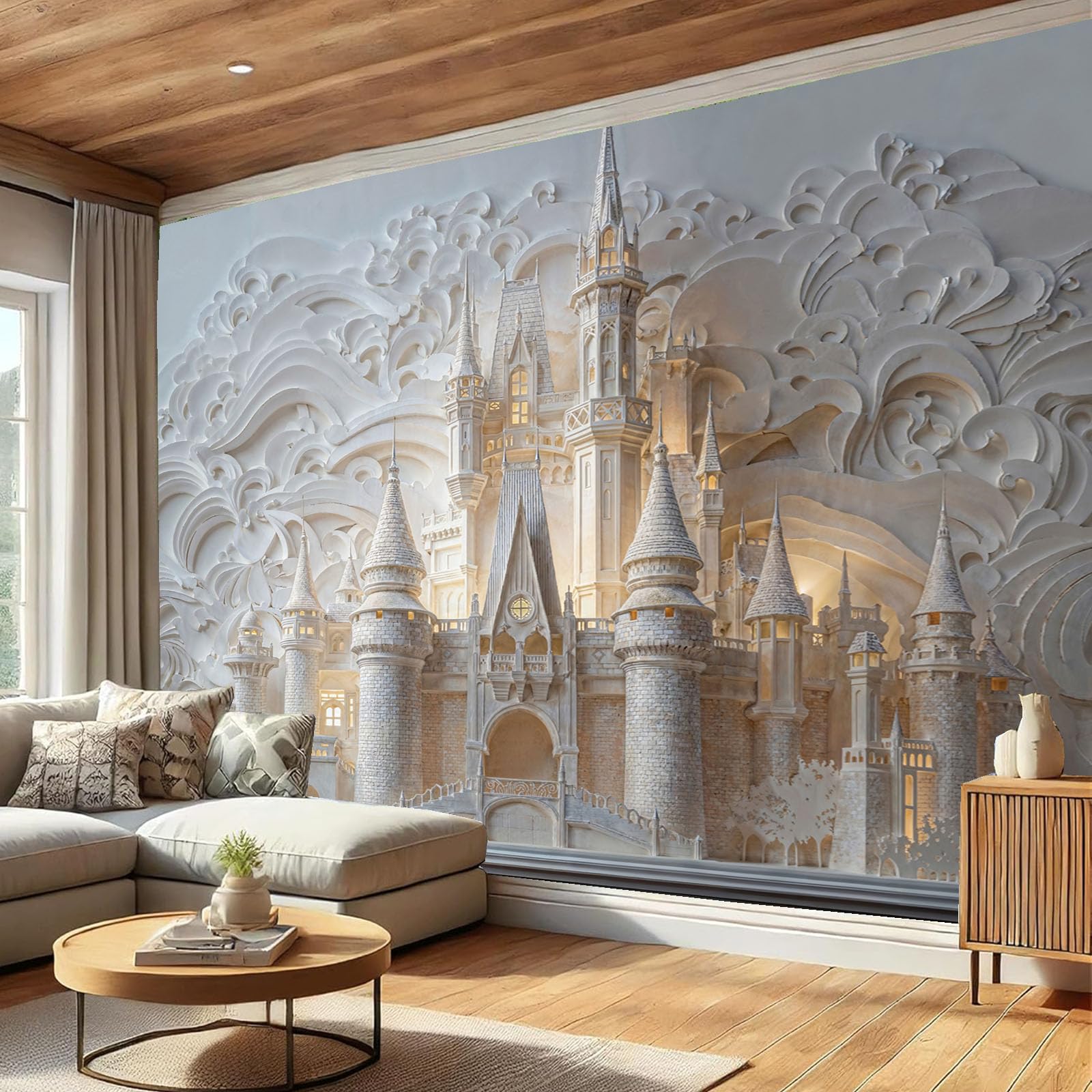 Papier peint panoramique 3D intissé effet relief château rétro
