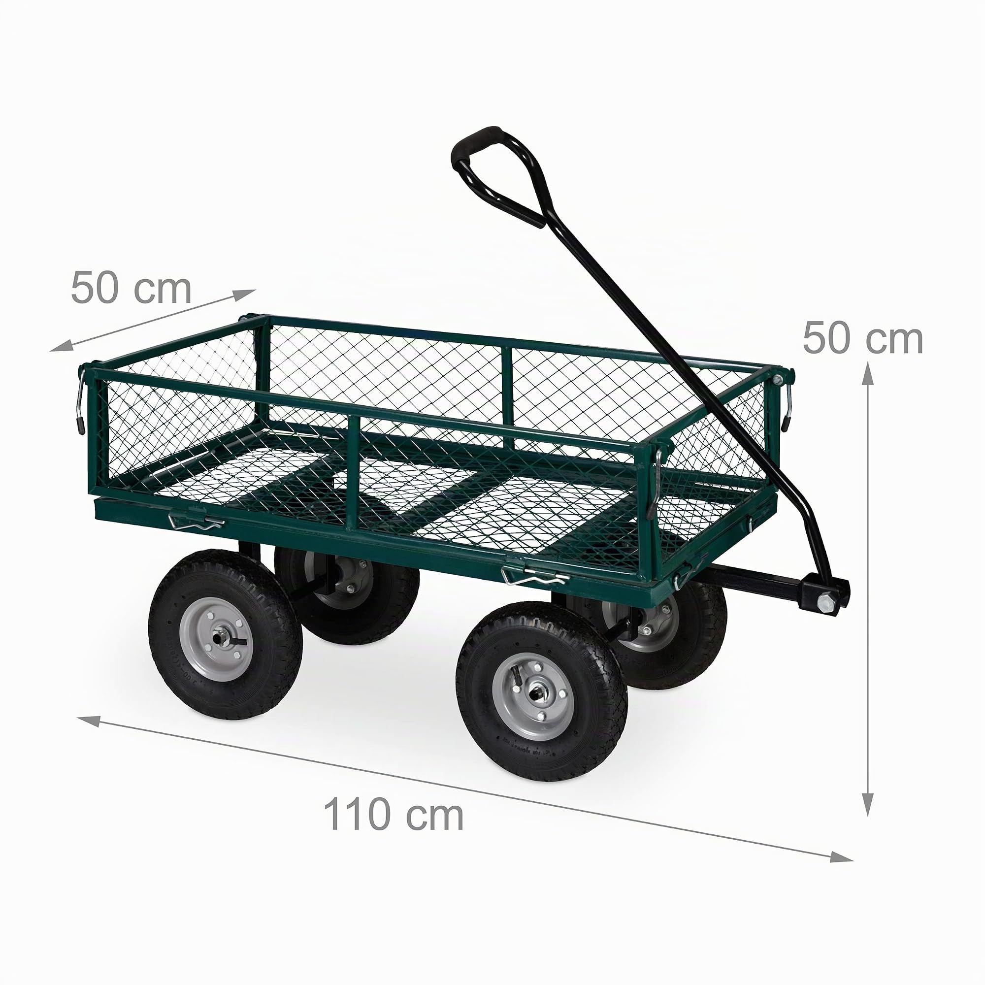 Relaxdays Handwagen, praktischer Bollerwagen für den Garten, mit Luftbereifung, klappbare Seitenteile, bis 200 kg, grün