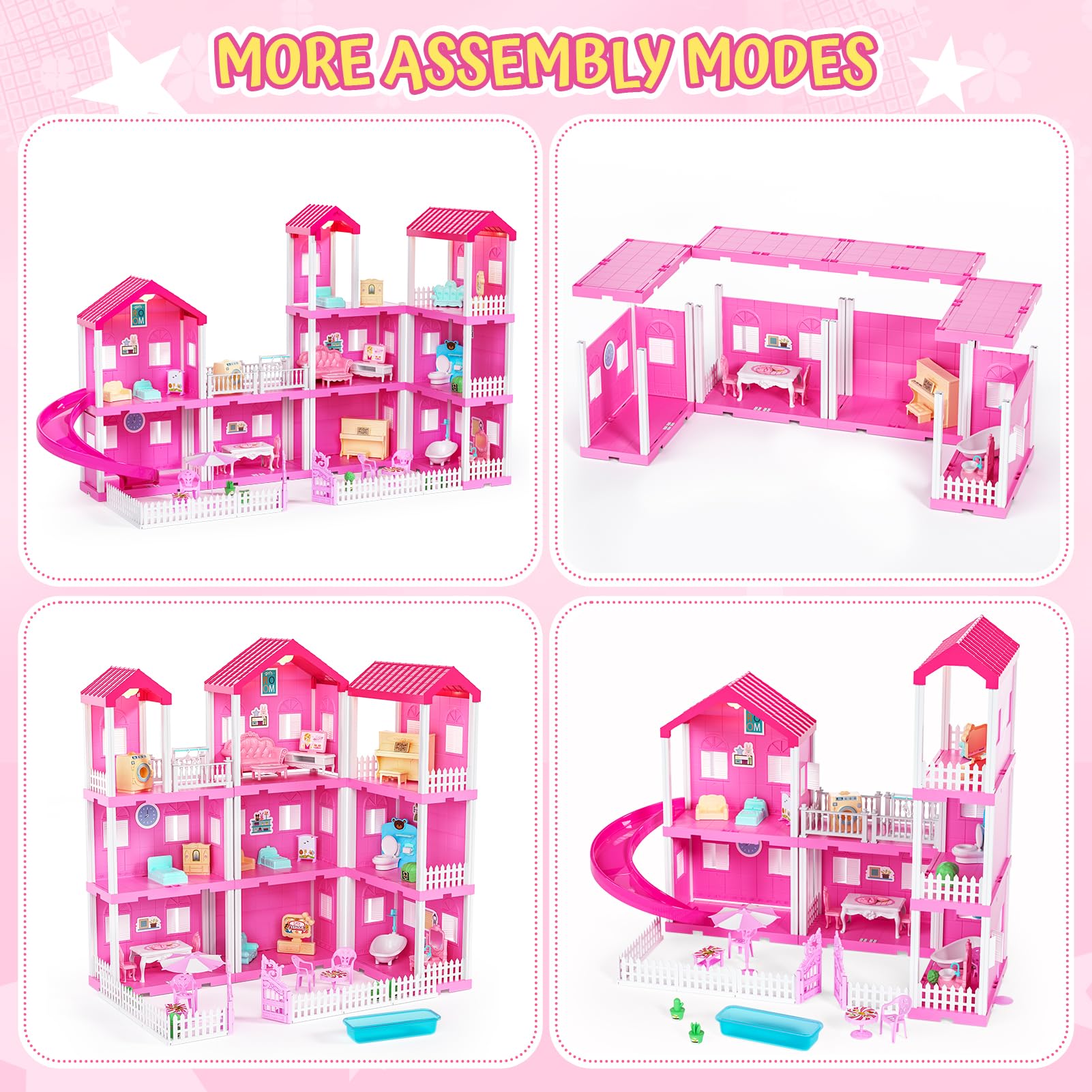 vamei 4 Étages Maison de Poupée pour Enfants avec 9 Pièces et Meubles de Maison, DIY Maison Poupee avec Poupe Meubles Accessoires, Jeux de Simulation Jouets Cadeau pour Filles âgés de 3 4 5 6 Ans
