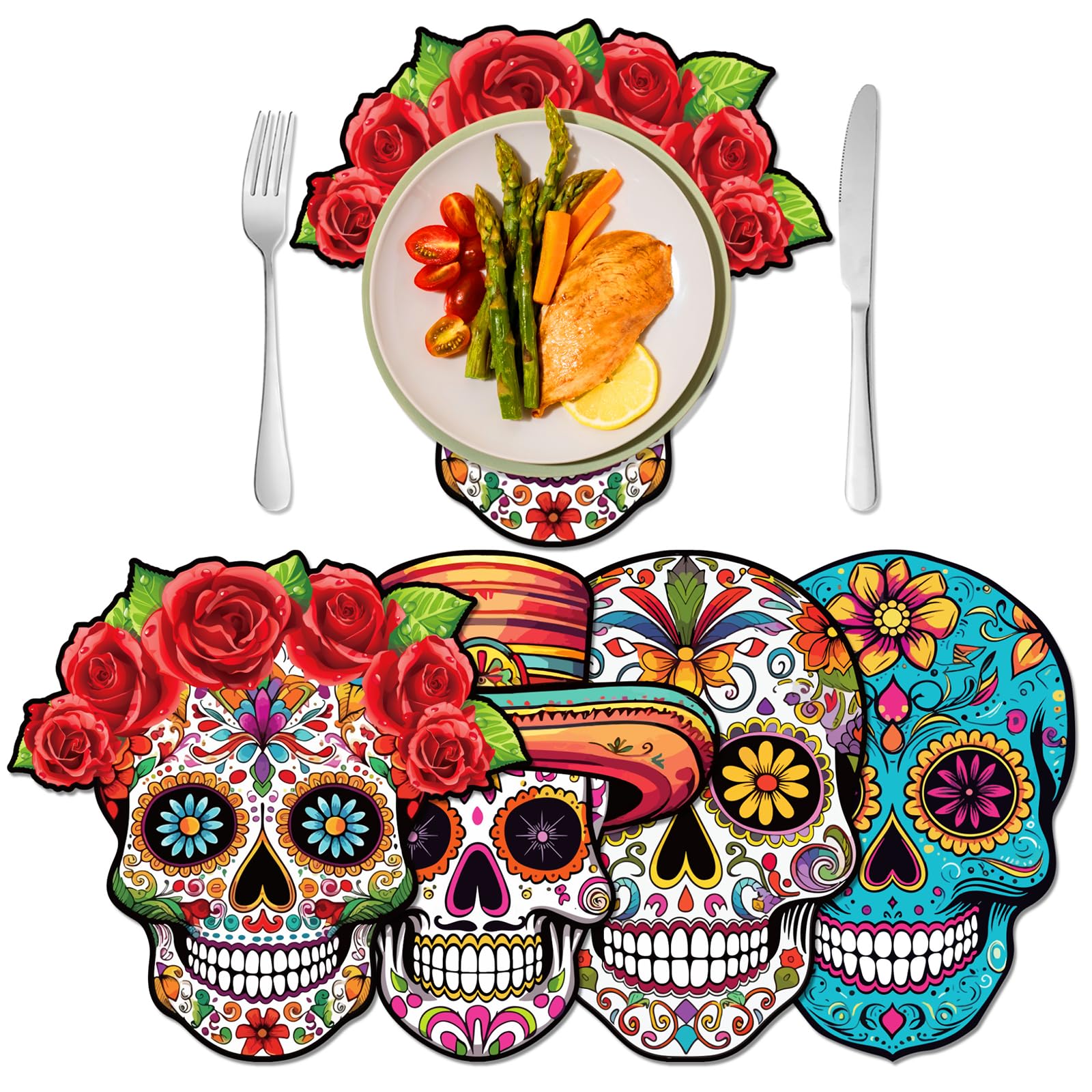 Day of The Dead Paper Placemat Set of 12, Fall Seasonal Party Colorful Flower Skull Placemat, 4 Style Halloween Table Mats for Indoor Kitchen Dining Table Decoration, Party Home Decoration,11x15Inch
