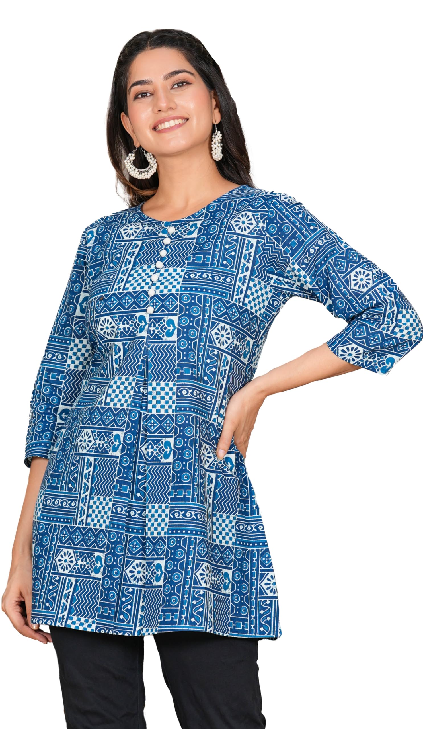 Yash Gallery Women's Cotton Relaxed Fit Short Geomatric Printed Kurti