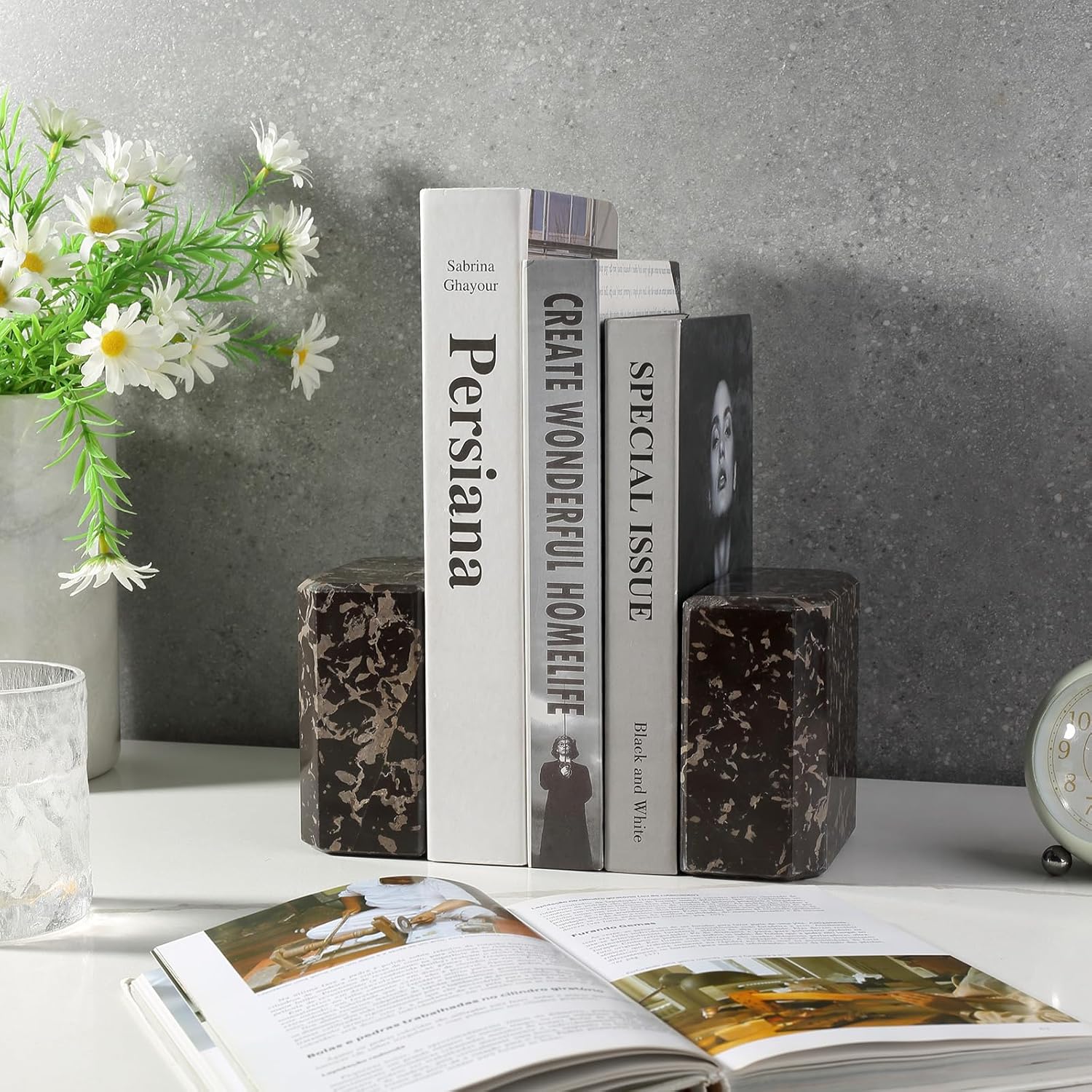 BCS Italy Natural Marble Bookends for Shelves, 7lbs Decorative Book Ends for Heavy Books, Athenian Column Stone Book Holders, Office Bookshelf Stopper Decor for Books, CDs, Video Games (Nero Portoro)