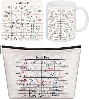 3 Pcs Funny Librarian Gift Set, Including Due Date Card Coffee Mug, Vintage Due Date Coaster and Library Toiletry Bag for Book Lovers, Readers Valentines Birthday Gift