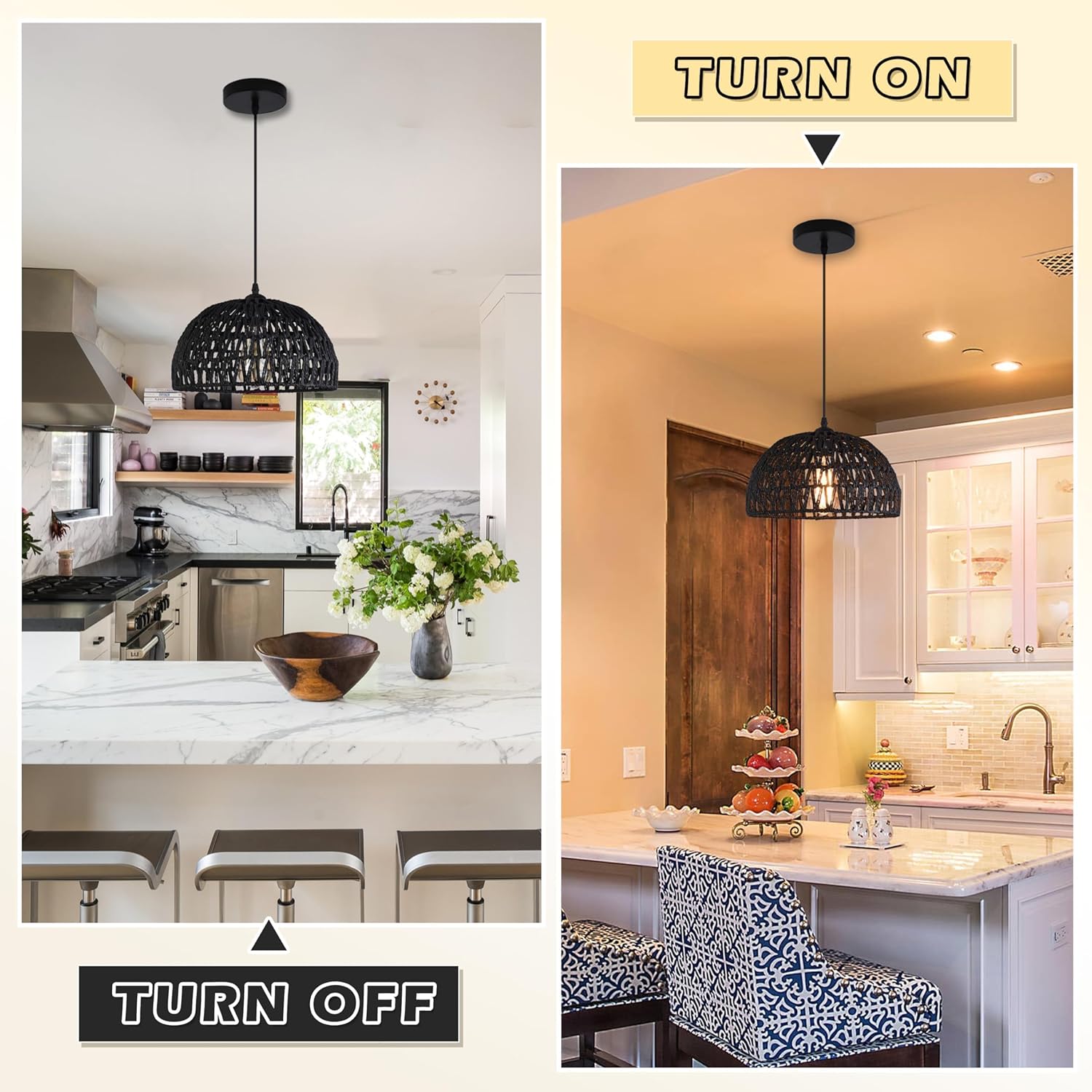 Black Woven Pendant Light Boho Chandelier Light Fixture Wicker Pendant Light Rattan Light Pendant Woven Light Fixture Dome Pendant Light for Dining Room Bedroom Kitchen Island (Bulb Incl)