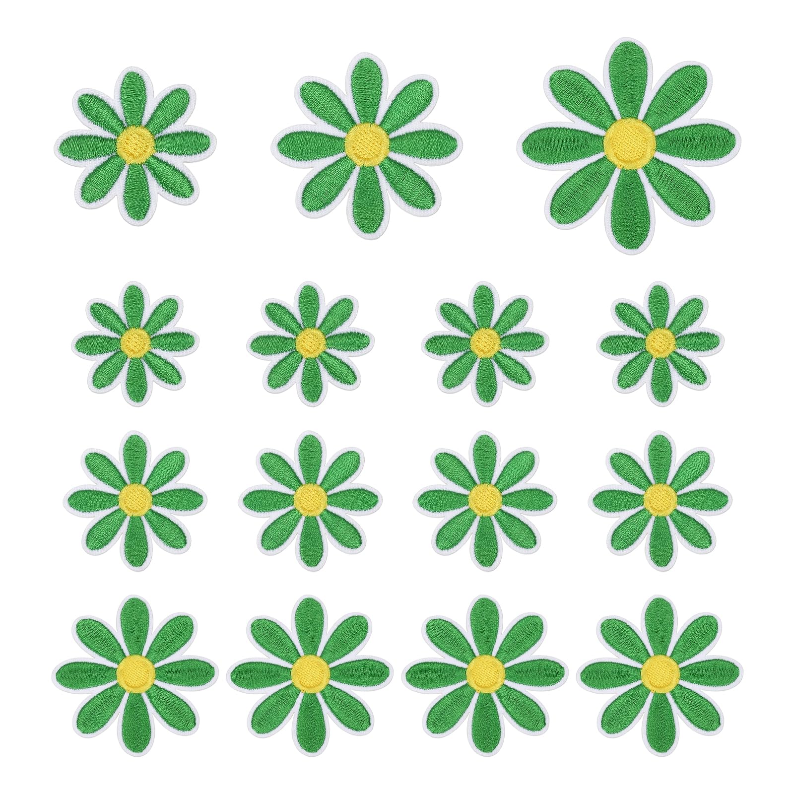 sourcing map 15 Pcs Daisy Flower Iron-on Patches, 3 Sizes 6.5/4.5/3cm Cute Sew Embroidery Applique Patches for Clothing Repair Backpack Shoes Decoration, Green