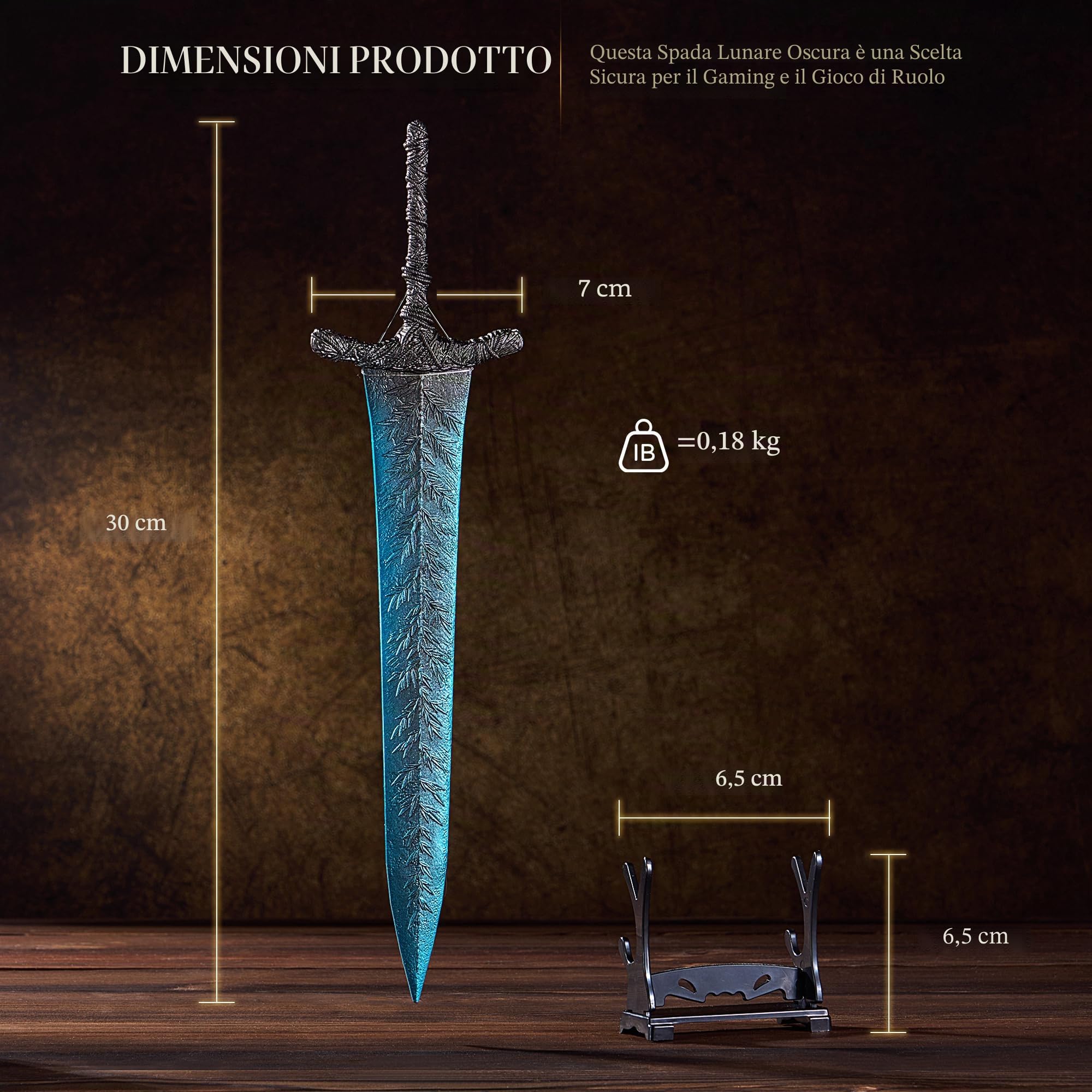 RACEROCKET Elden Ring Mandoble Luna Oscura - Spada dritta da cavaliere, modello da 30 cm, spada artigianale in metallo con supporto da esposizione, spade per arti marziali, action figure giocattolo