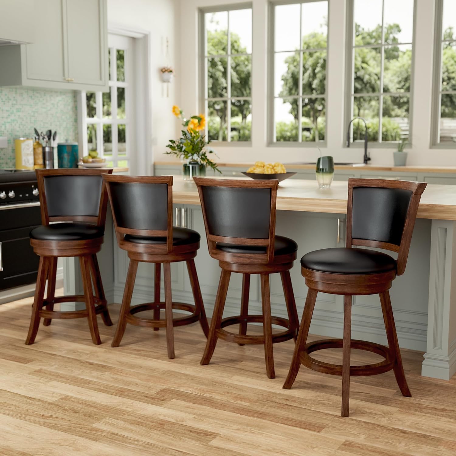 Swivel Bar Stools Set of 2, 24" Counter Height Swivel Barstools with Back & Faux Leather Upholstered Seat, Island Chairs with Solid Wood Legs & Footrest for Kitchen, Dining Room, Pub, Brown