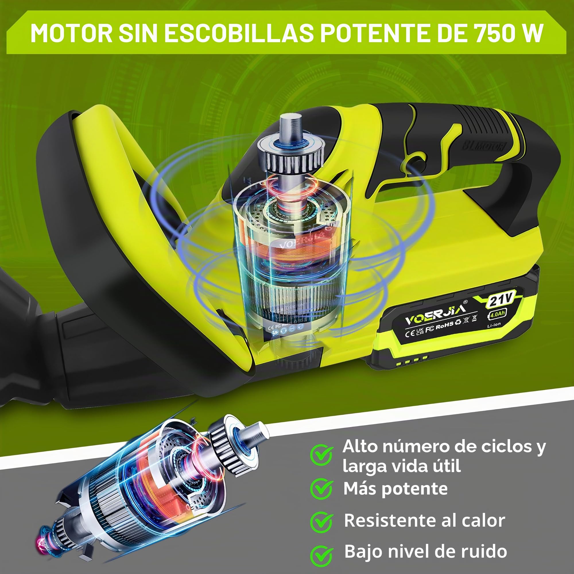 Cortasetos inalámbrico VOERJIA de 21 V con 2 baterías de 4,0 Ah y cargador, motor sin escobillas de 750 W, cuchilla doble de 50 cm (20 pulgadas) con indicador de carga LED, cortasetos y tijeras para a