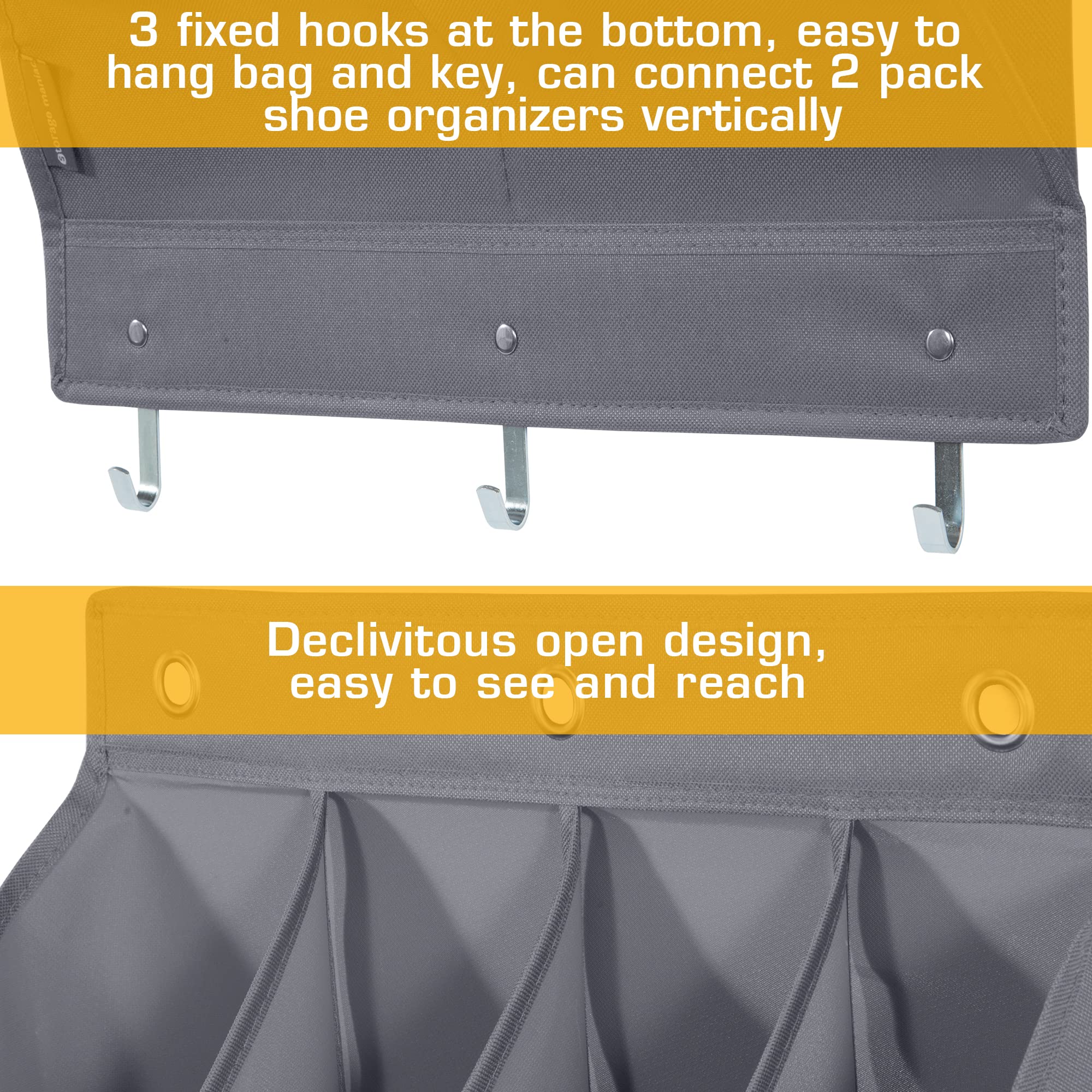 STORAGE MANIAC Over The Door Shoe Organizer, 2-Pack Hanging Shoe Organizer, Wall Shoe Organizer Grey, 8 + 4 Pockets