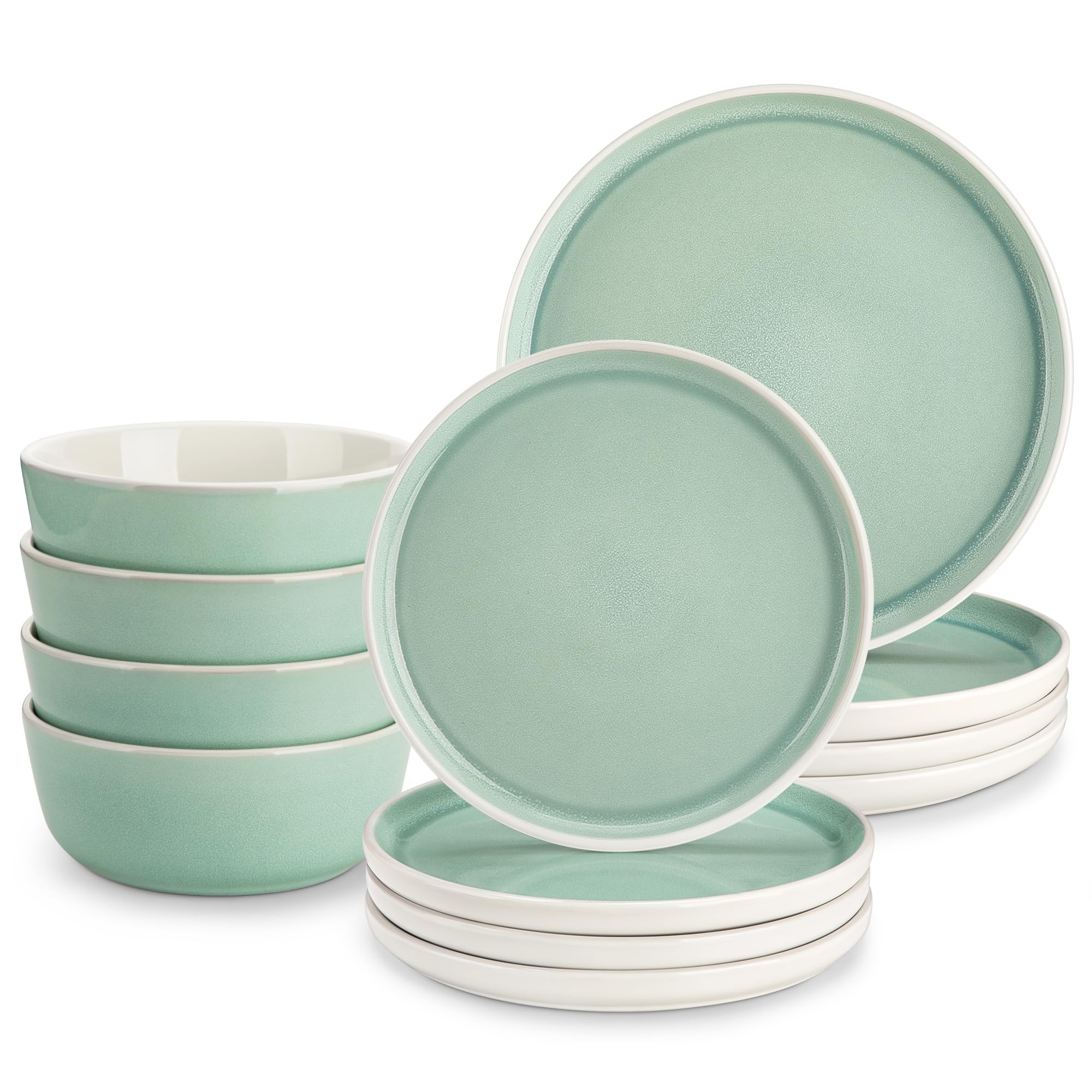 vancasso ELBA 12 Piece Dinner Set for 4, Durable Stoneware Plates and Bowls for Everyday Meals, Green Reactive Glaze Set with Dinner Plates, Dessert Plates & Cereal Bowls, Microwave & Dishwasher Safe