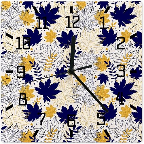 Reloj de pared de madera de otoño, silencioso, sin tictac, color amarillo, azul marino, hojas de arce, reloj de pared cuadrado, funciona con pilas,