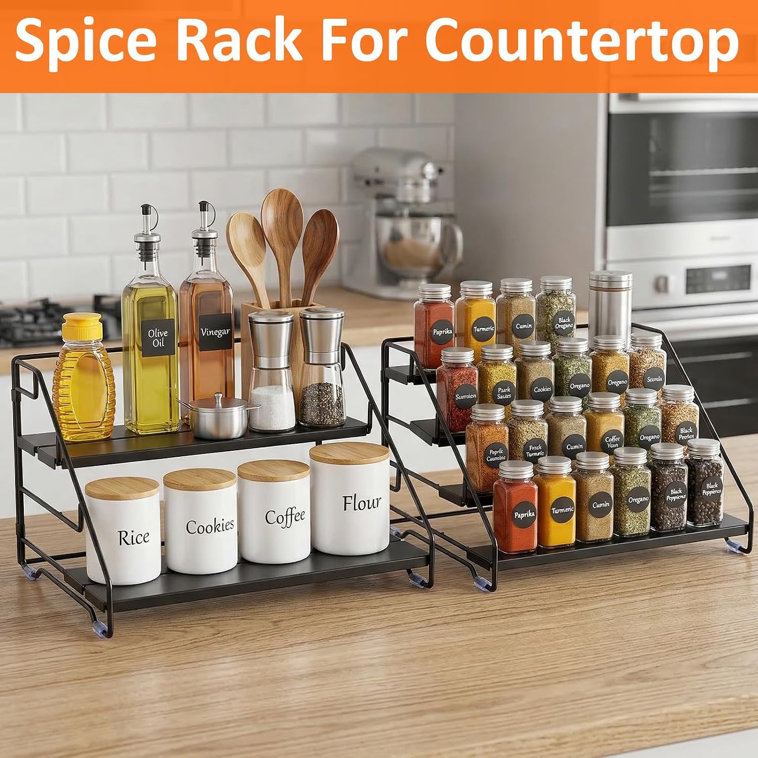 2 Pack 4 Tier Spice Rack Organizer for Cabinet Adjustable Depth Metal Spice Organization for Cabinet, Countertop Pantry Seasoning Shelf, Black