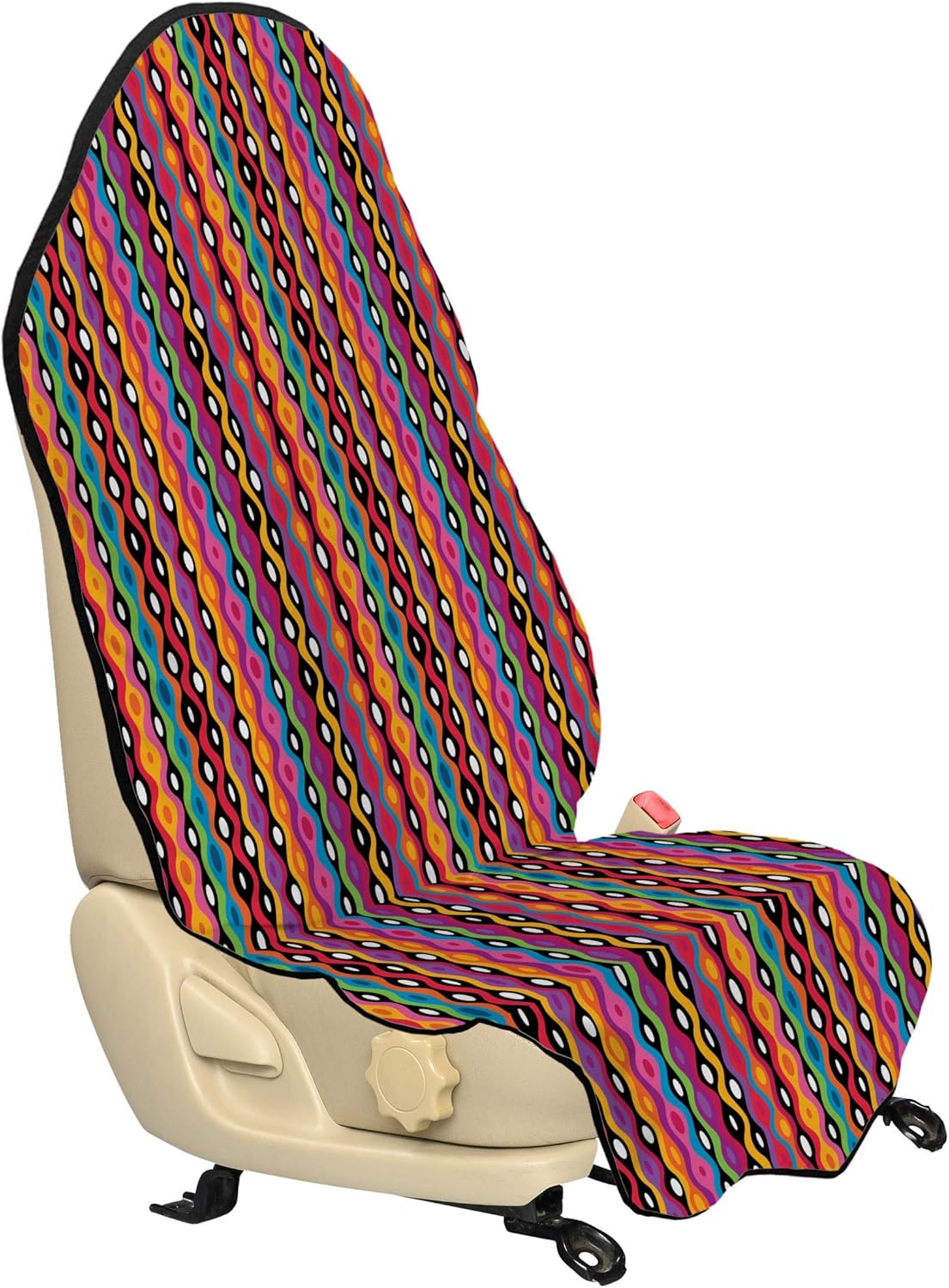Lunarable Tribal Car Seat Hoodie, Groovy Geometric Wavy Lines with Circles Hippie Stripes Retro Graphic Art, Car Seat Cover Protector Non Slip Backing Universal Fit, 30" X 57", Purple Orange