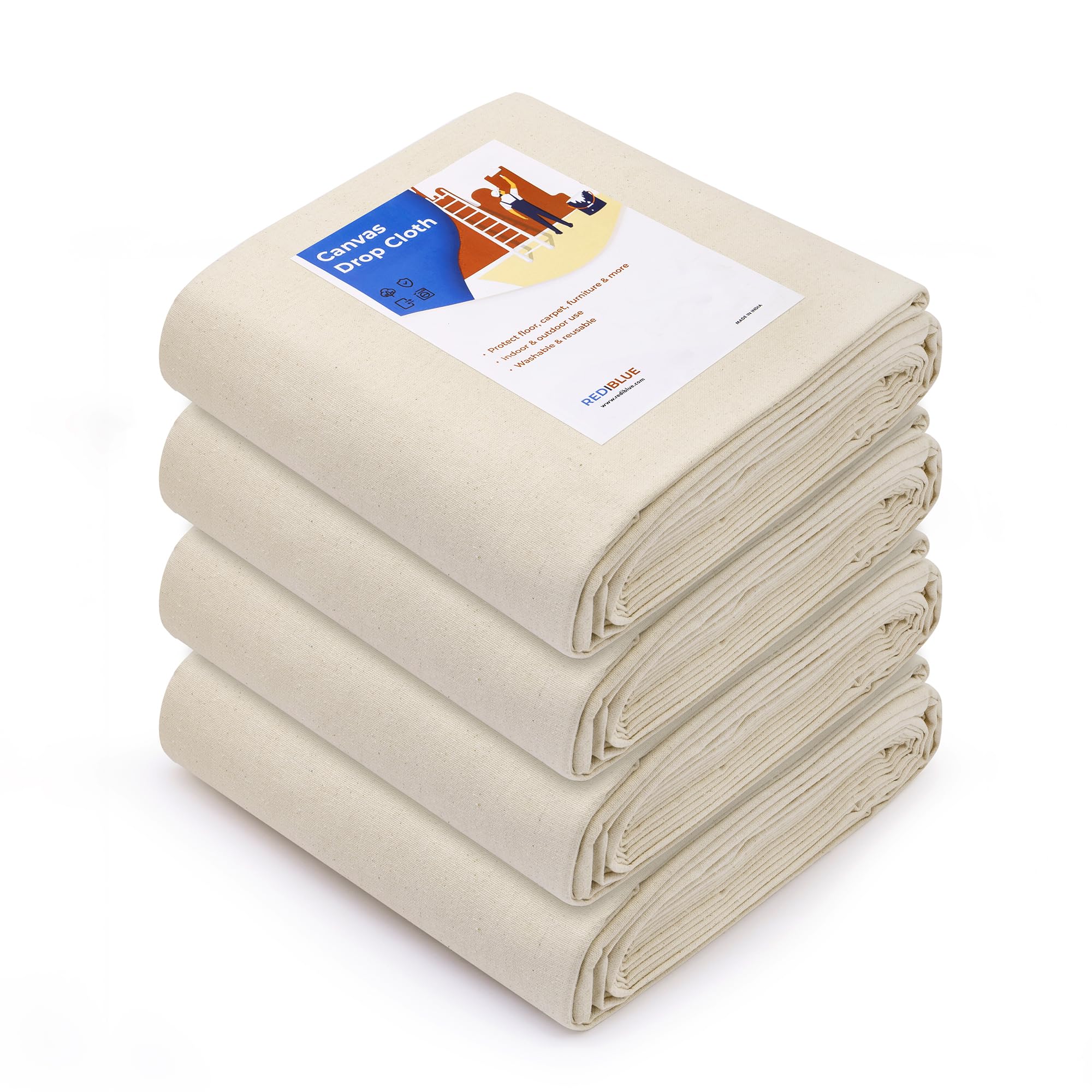 REDIBLUE Canvas Drop Cloth 8 oz, 4 x 12 ft (Pack of 4) - All Purpose Drop Cloth - Canvas Tarp, Painters Drop Cloth, Dropcloth Curtains, Floor & Furniture Protection - Washable & Reusable