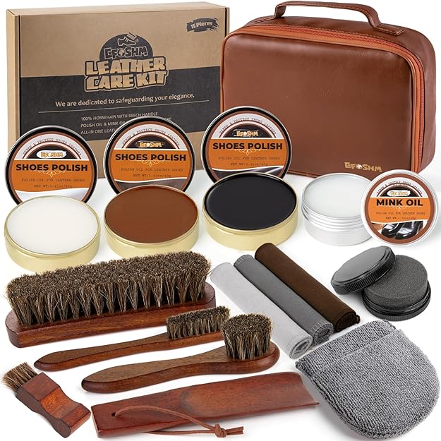 15-in-1 Shoe Shine Kit & Leather Polish Set with 4 Horsehair Brushes, Black Brown Neutral Wax, Mink Oil & 3 Cloths Shine Sponges Boot Care & Cleaning Gifts for Men Women with Portable Leather Case