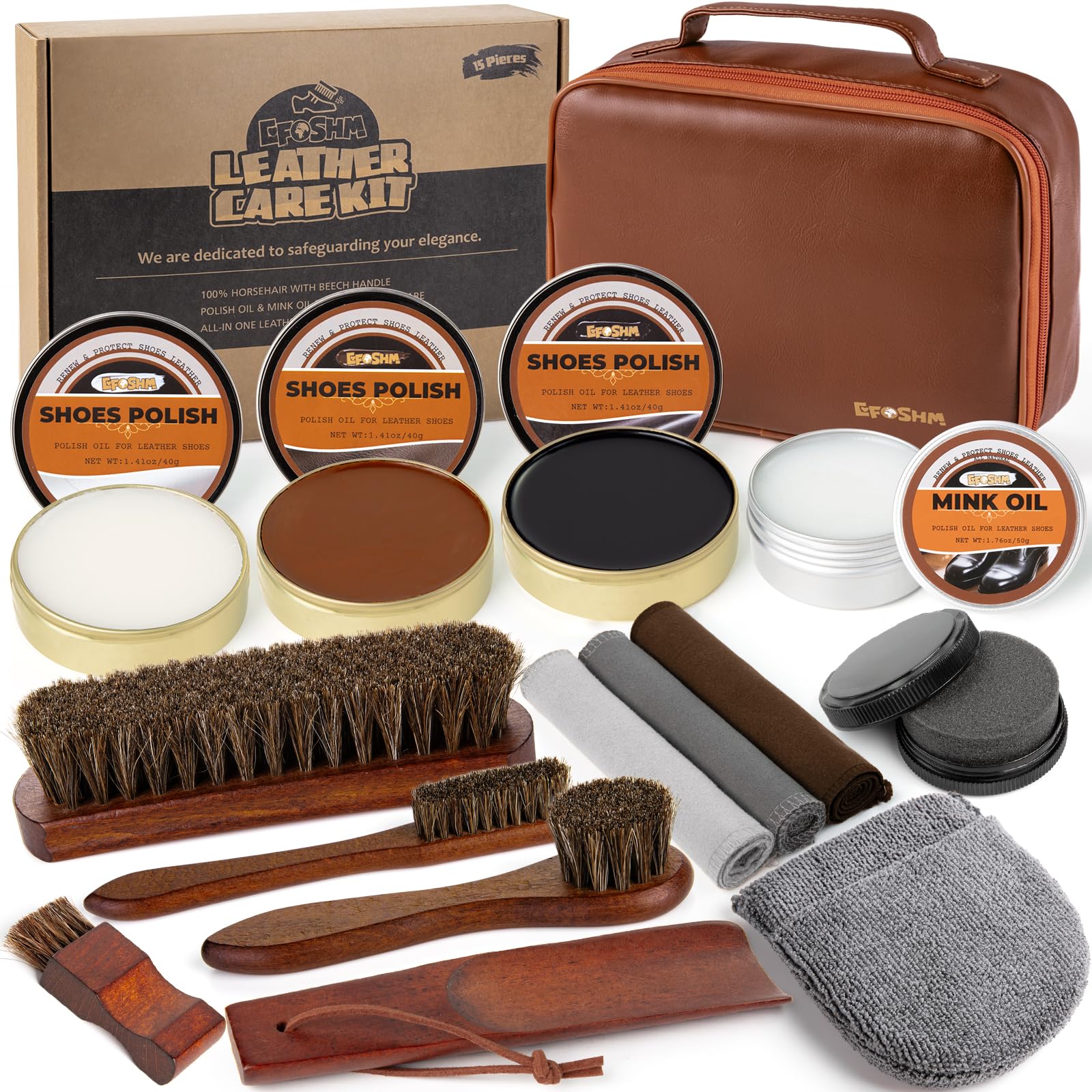 Shoe Shine Kit 15-in-1 Leather Shoe Polish Care Set with 4 Horsehair Brushes Black Brown Neutral Wax Mink