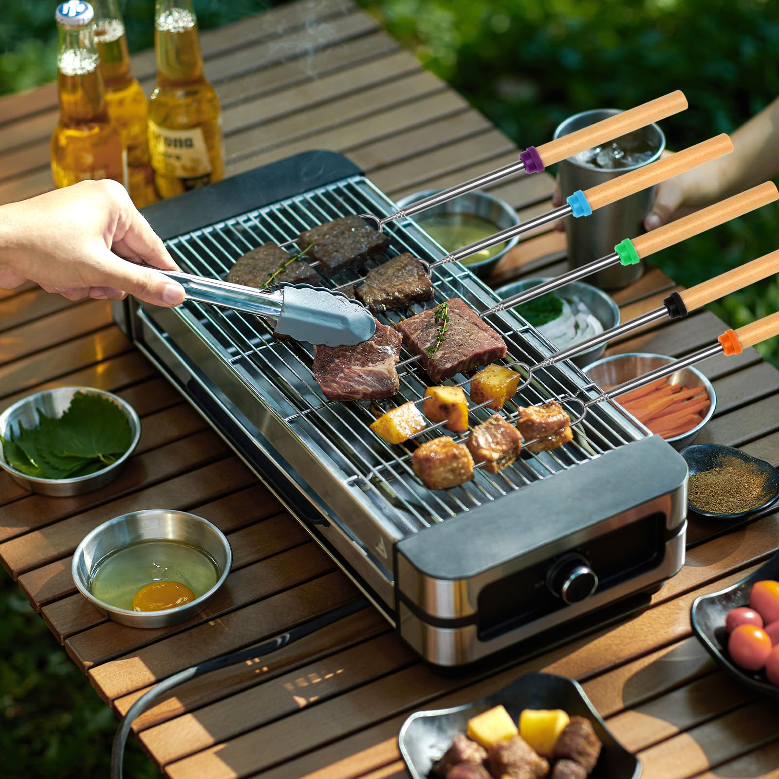 Set di 8 spiedini da arrosto, per marshmallow e smore, con manico in legno, estensibili, bastoncini per falò da campeggio e barbecue, 81 cm