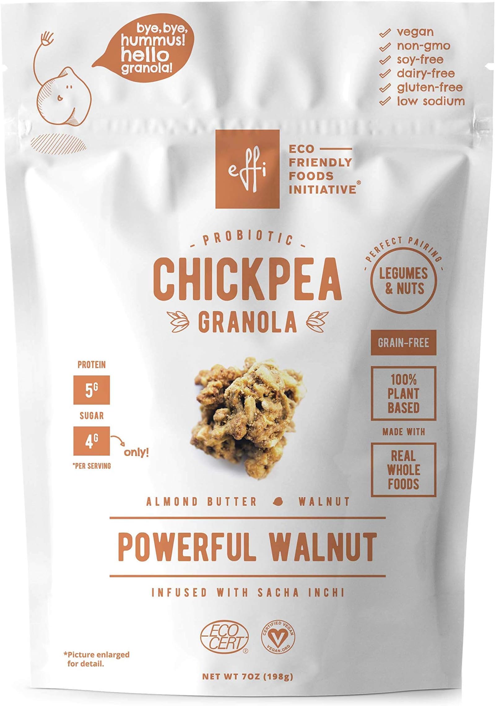Chickpea Granola Powerful Walnut , Organic Grain Free Granola + Probiotics, Breakfast Snack, Nuts & Seeds, Plant Based Protein + Fiber, Gluten Free, Almond Butter, Sacha Inchi 7 oz pouch