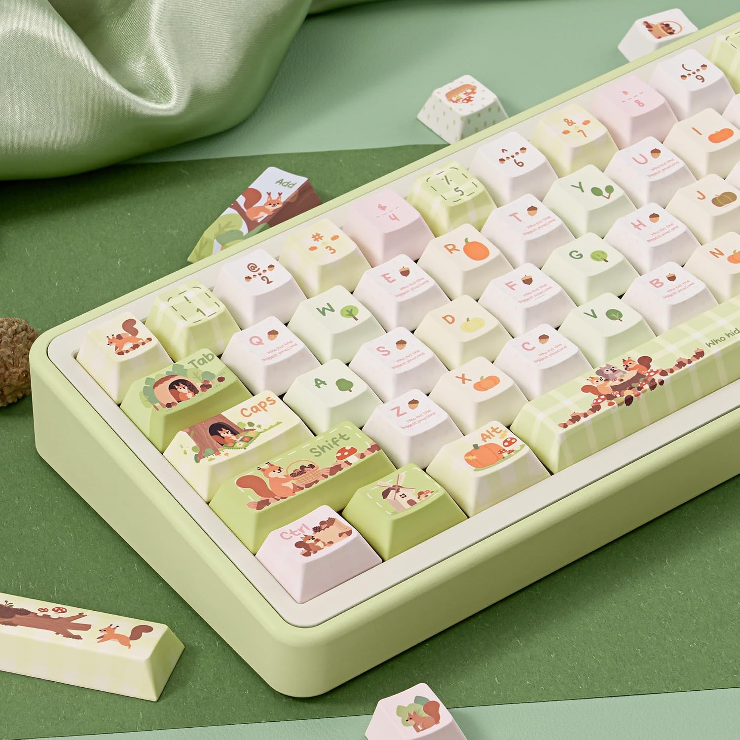 Pinecone Adventure Green White PBT Keycaps Cute Key Cap MX Switch