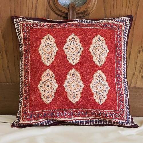Lujosa funda de almohada roja, impresa a mano, 100% algodón preencogido, diseño de ruta de especias para sofás o almohada decorativa para cama de 18