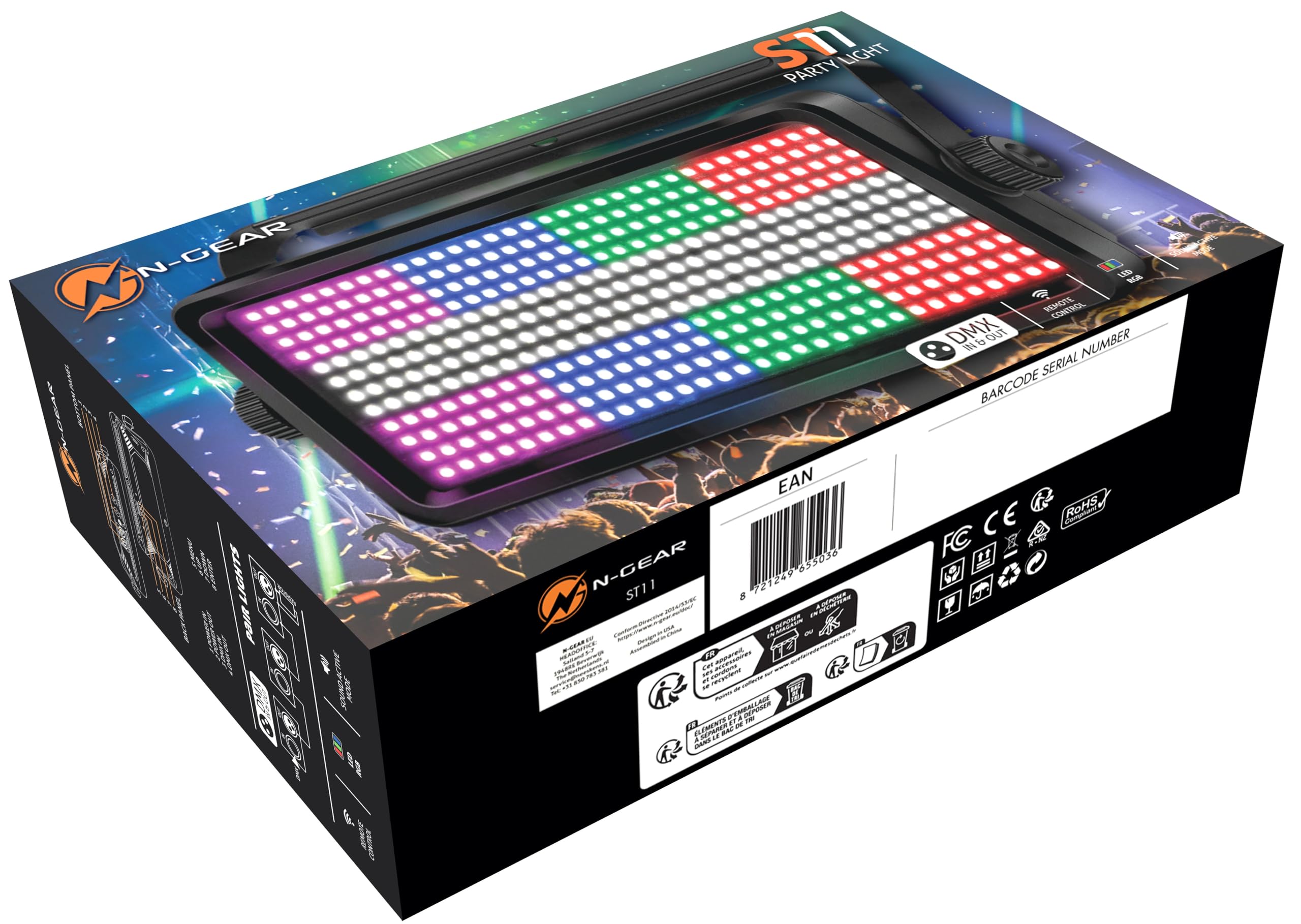 N-Gear ST11 100 W Pannello LED RGB Strobo DMX per DJ, Concerti ed Eventi | 256 LED RGB + 128 bianchi, fascio 135°, distanza 4-30 m - DMX 6/9/64/112 canali, dimmer 0-100%, strobo 0-25 flash/s