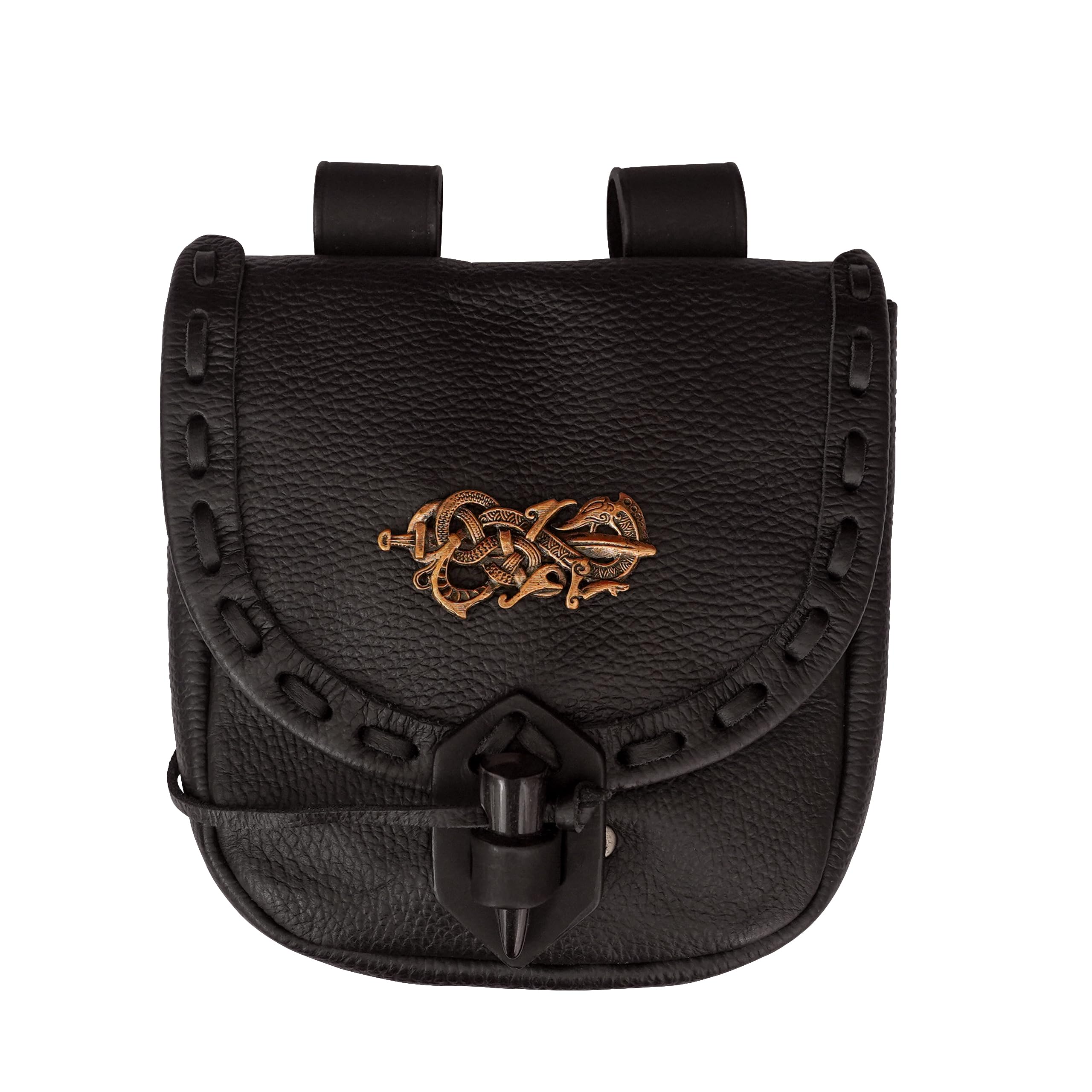 Mythrojan Pochette ceinture en cuir médiéval original sac costume accessoires pochette viking ceinture porte-monnaie, Décoration bronze noir, 8" x 7", Pochette en cuir noir