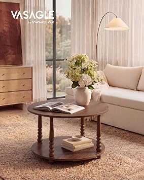 VASAGLE 2-Tier Round Coffee Table with Storage, Solid Wood Legs