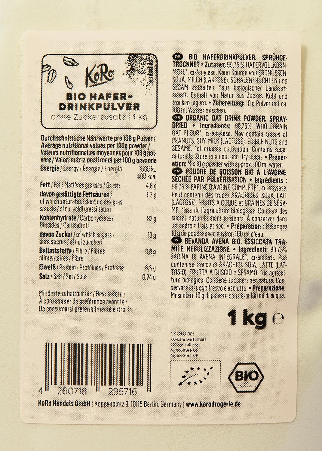 KoRo - Poudre d'avoine bio pour boisson d'avoine 1 kg - Vegan - Préparation facile et rapide - Qualité bio