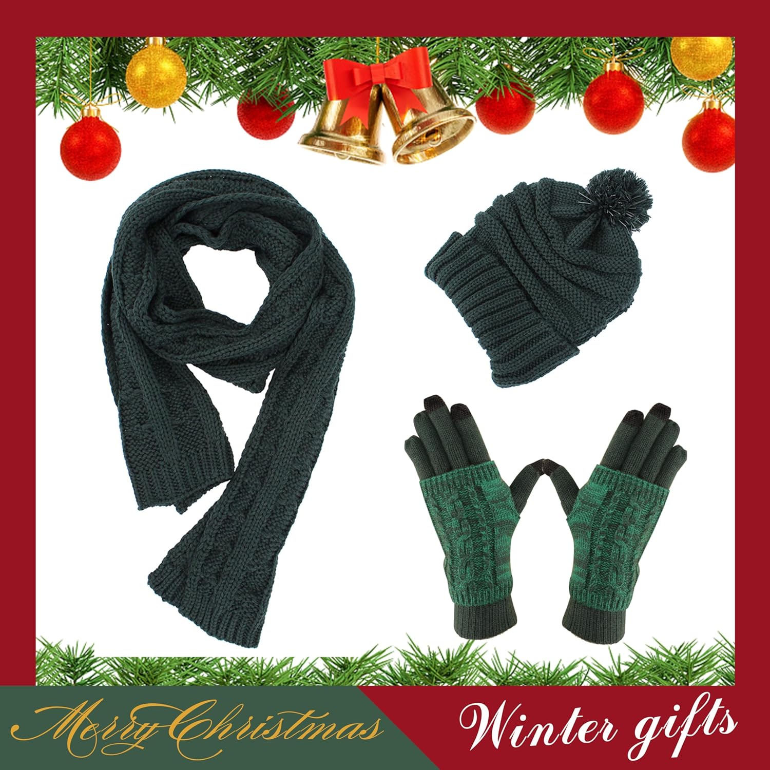 Winter Hat Gloves Scarf Set for Women, Beanie Warm Knit Pom Hat Touch Screen Glove Long Scarf 3pcs Winter Gift Set for Women - Image 2