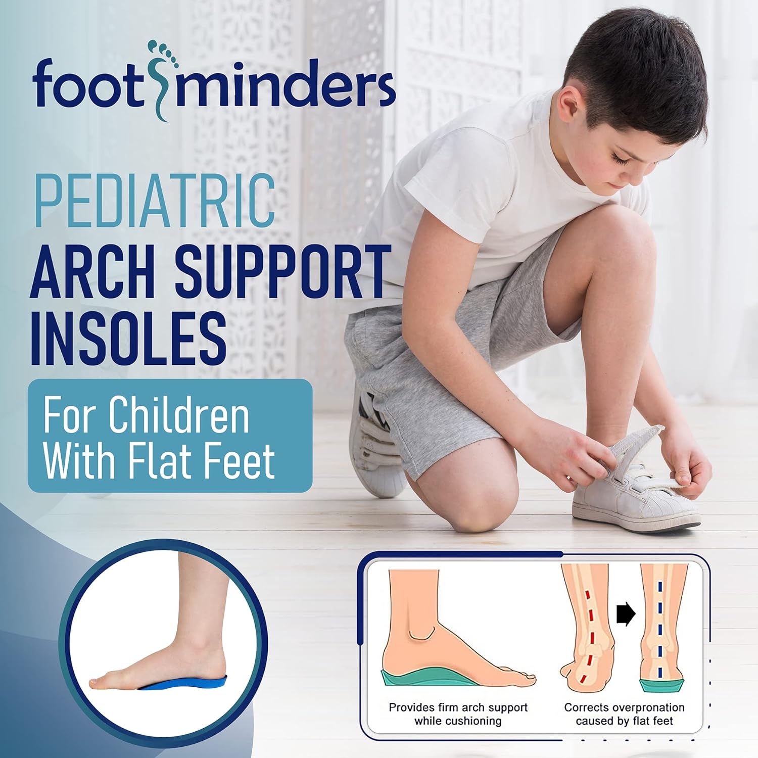 Footminders Kids Orthotic Insoles – Arch Support Shoe Inserts for Flat Feet & Plantar Fasciitis, Heel Pain Relief – Children’s Orthotic Foot Inserts Size K (Ages 7–9)