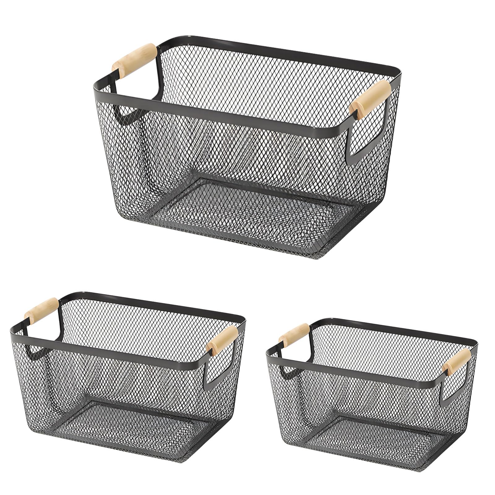 Tsophreniq Contemporary Look 3 Piece Storage Basket Collection with Metal Frame and Wood Features for Organizing Small Intermediate Large Baskets Set