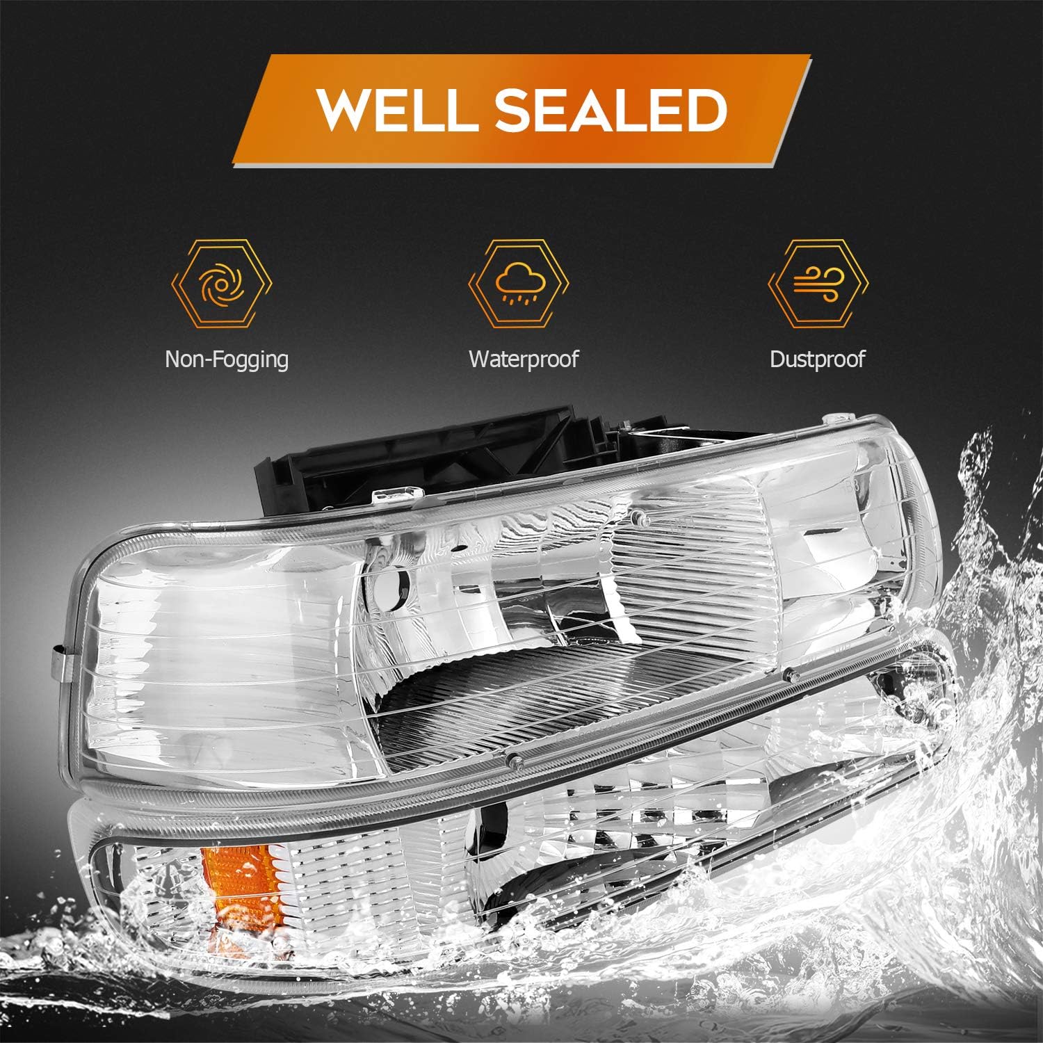 Headlight Assembly For Chevrolet Silverado 1500 1999-2002/For Chevrolet Silverado 2500 1999-2002 Chrome Housing Amber Reflector Clear Lens Driver and Passenger Side Headlamp