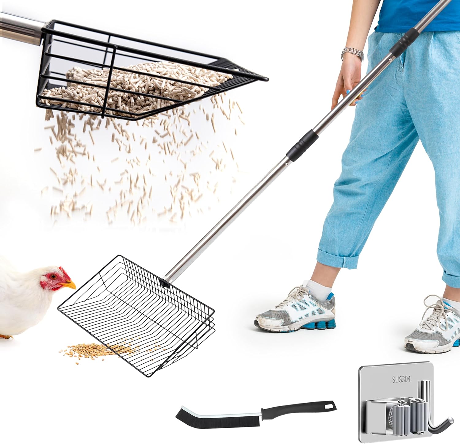 Chicken Poop Scooper - Chicken coop accesories with Hook and Brush, Durable Metal Litter Scoop Heavy Duty and Rust Resistant for Poultry Farmers, Easy to Clean, Lightweight and Portable coop Scoop