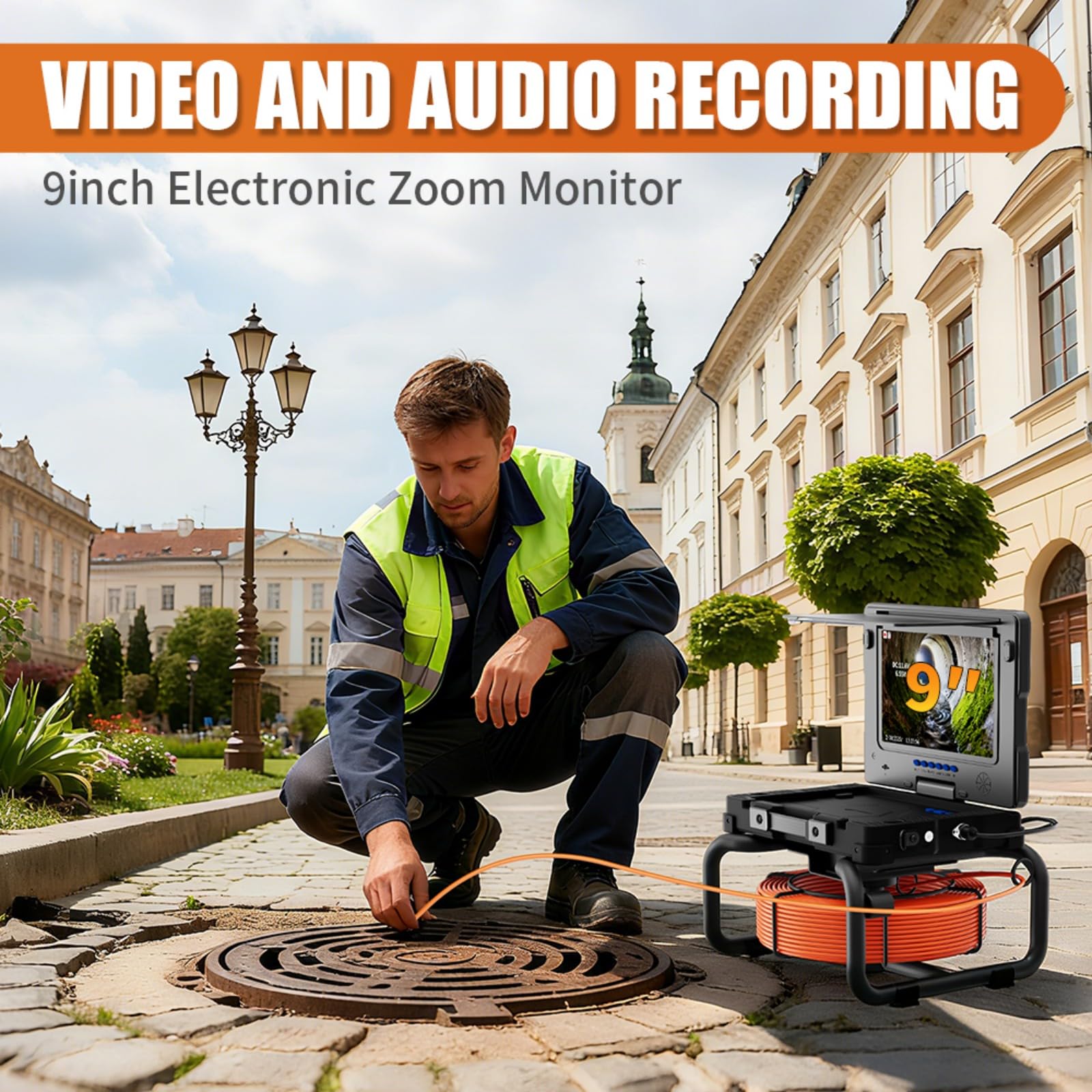 AHD 9"Borescope,Endoscopio Industrial,Camara Inspeccion Tuberias,Sonda Acero Inoxidable 23mm,Contador Metros,Transmisor 512HZ Autoequilibrado,12 Lamparas LED Blancas,Inspeccion Tuber(Size:50 M/164 FT)