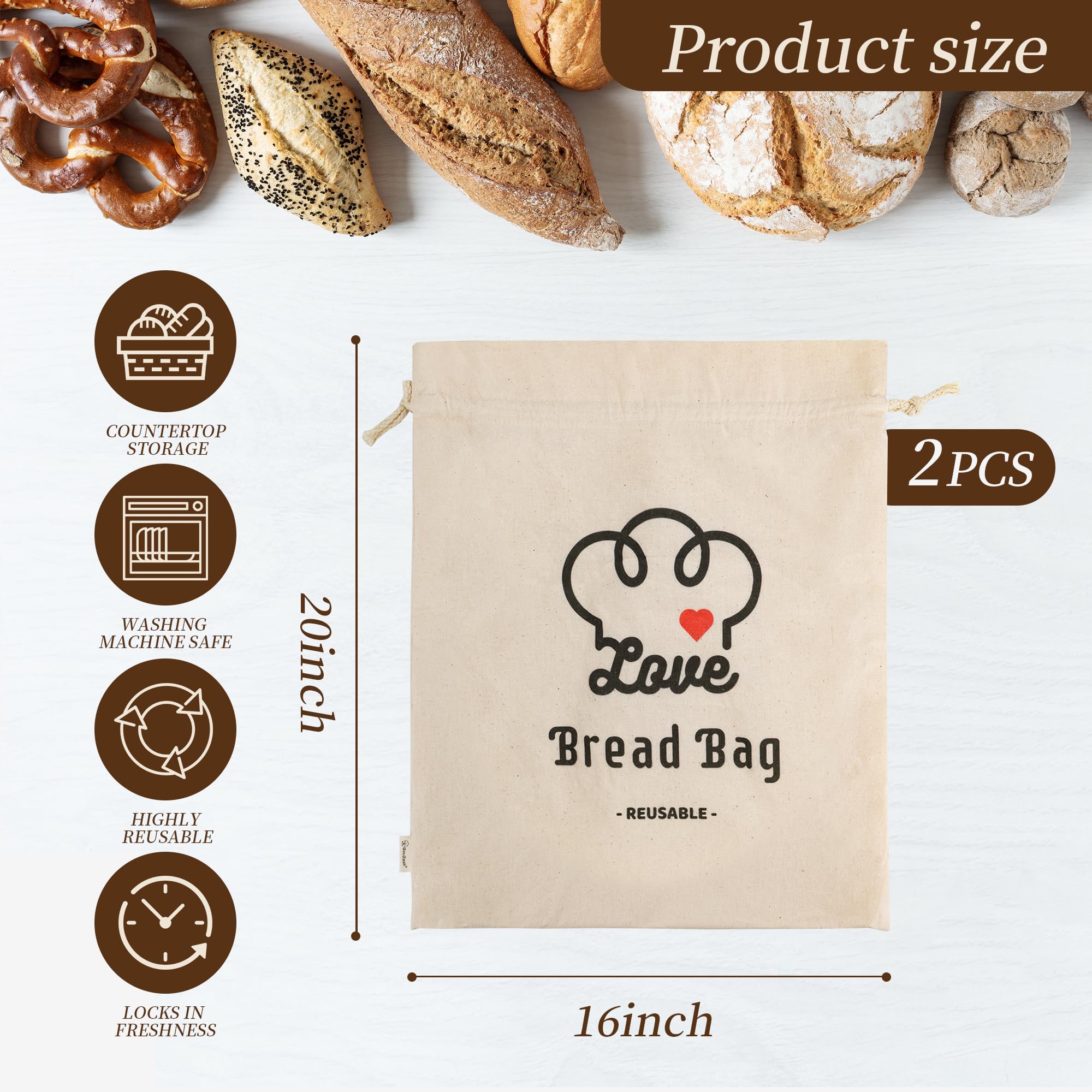2 Pack Linen Bread Bags for Homemade Bread with BPA Free Plastic Inner Lining, Resuable Drawstring Storage Container for Sourdough Loaf Breads to Keeps Fresh & Secure, Home Bakers (XXL, 16*20 IN)