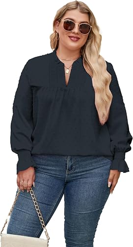 Women's Plus Size Swiss Dot Blouse, Long Sleeve V-Neck Top with Lace Trim and Ru
