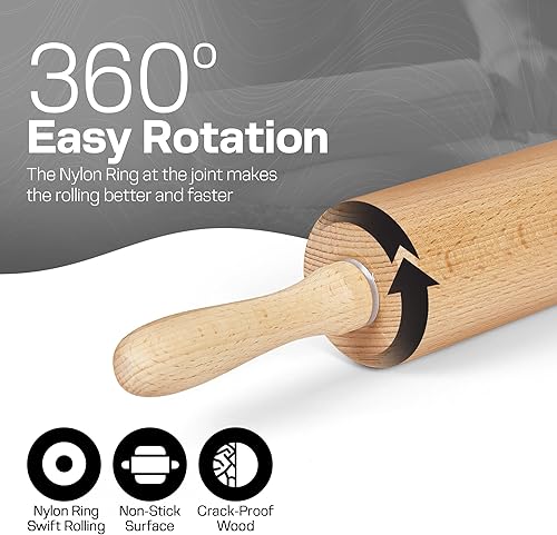 Miniatura 3 de Rodillo antiadherente multiusos de madera de haya de 17.6 pulgadas, para hornear, pizza, pasta, pastel, galletas, pastelería.