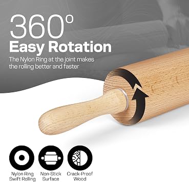 Wooden Rolling Pin 17.6 Inch with Rotating Ergonomic Handles Classic Beech Wood Dough Roller for Baking Pizza, Pastry, Bread, and Cookies