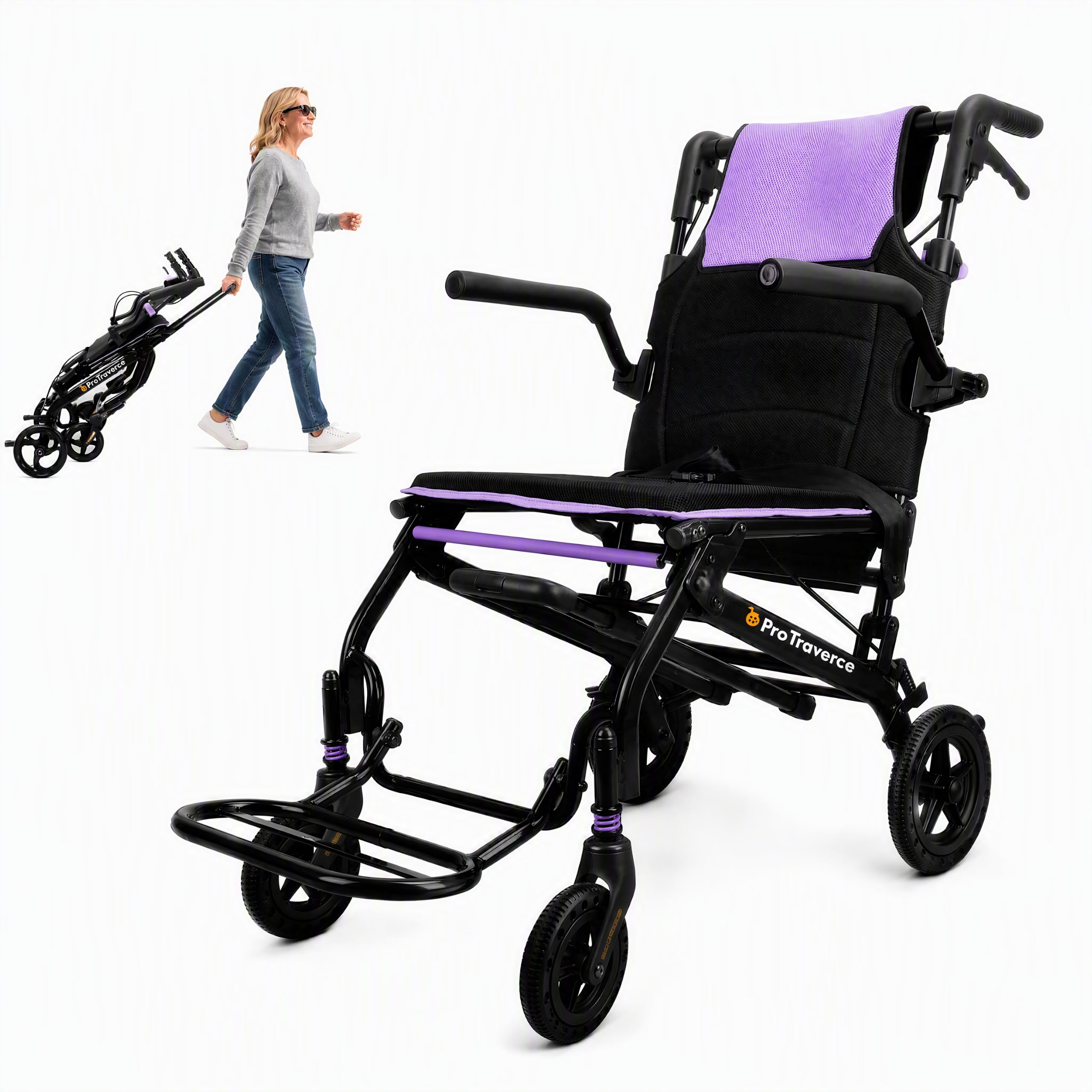 Wheelchairs for Adults –Transport Wheelchair Lightweight Foldable with Telescopic Handle, 18-Inch Seat Width, Portable Travel Wheelchair for Seniors, Supports Up to 350 lbs,Purple