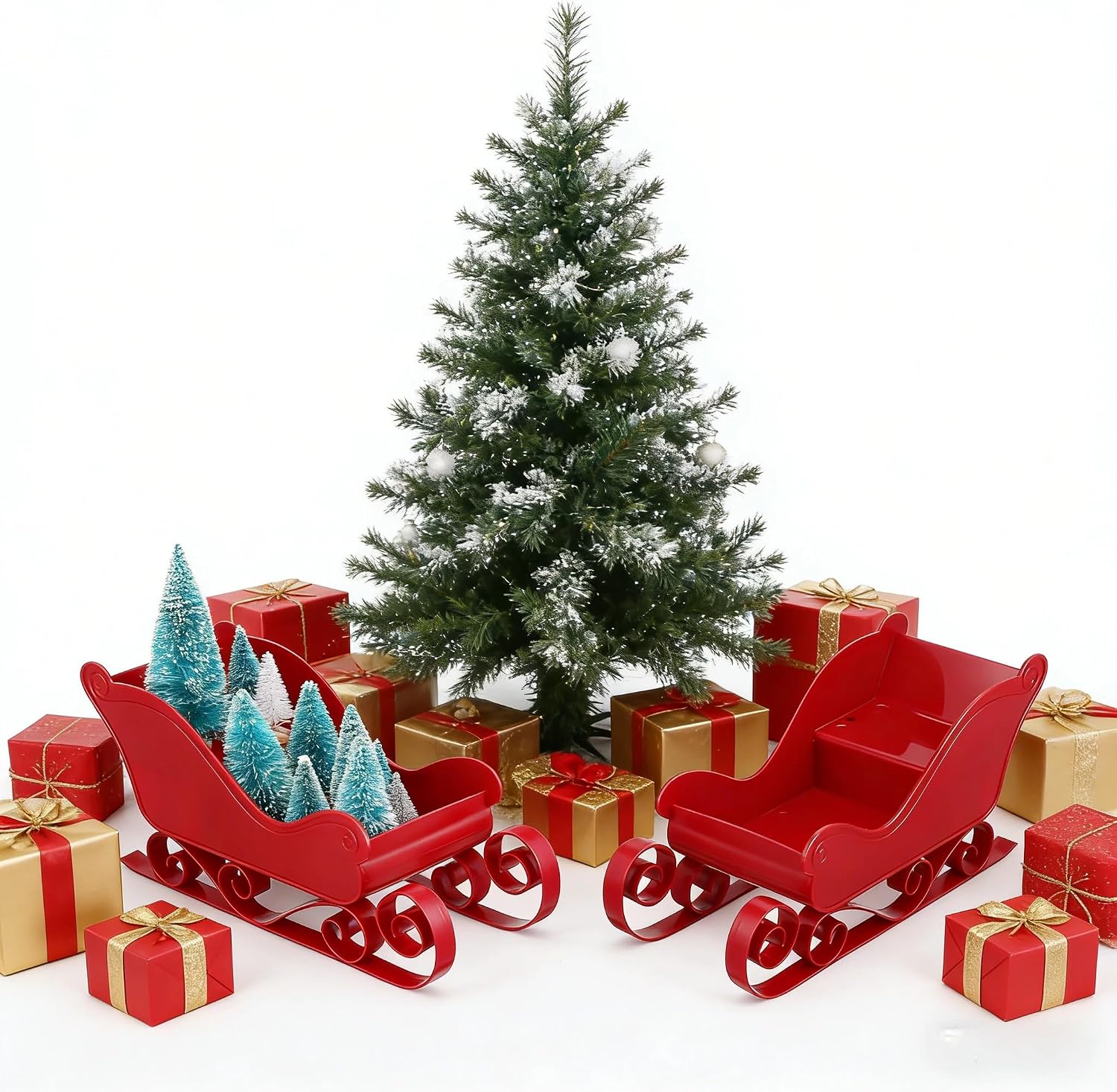 2PCS Christmas Sleigh Decoration, 11 Inch Red Plastic Tabletop Decor