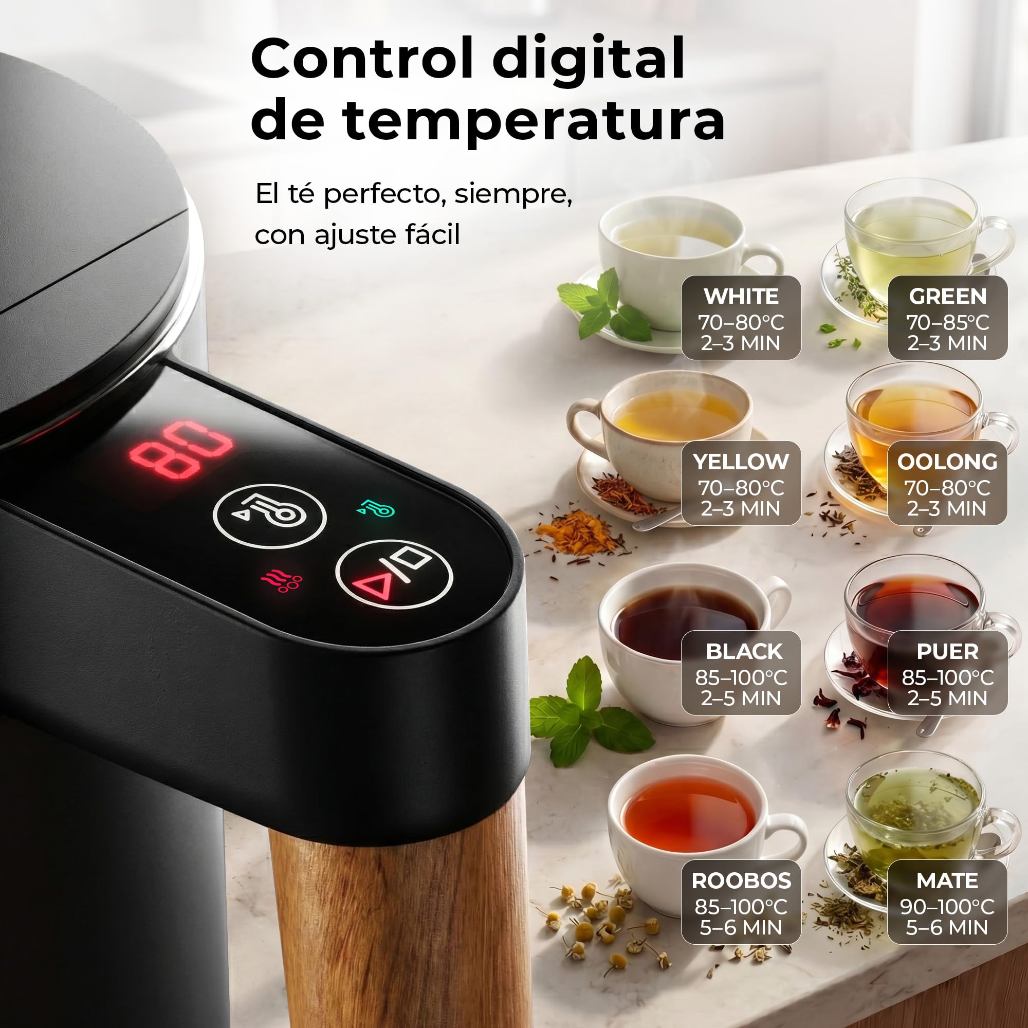 BALTER Hervidor Agua Electrico, regulador de temperatura, 45 °C a 100 °C, acero inoxidable, doble pared, sin BPA, 1,5 l, 2200 W, negro
