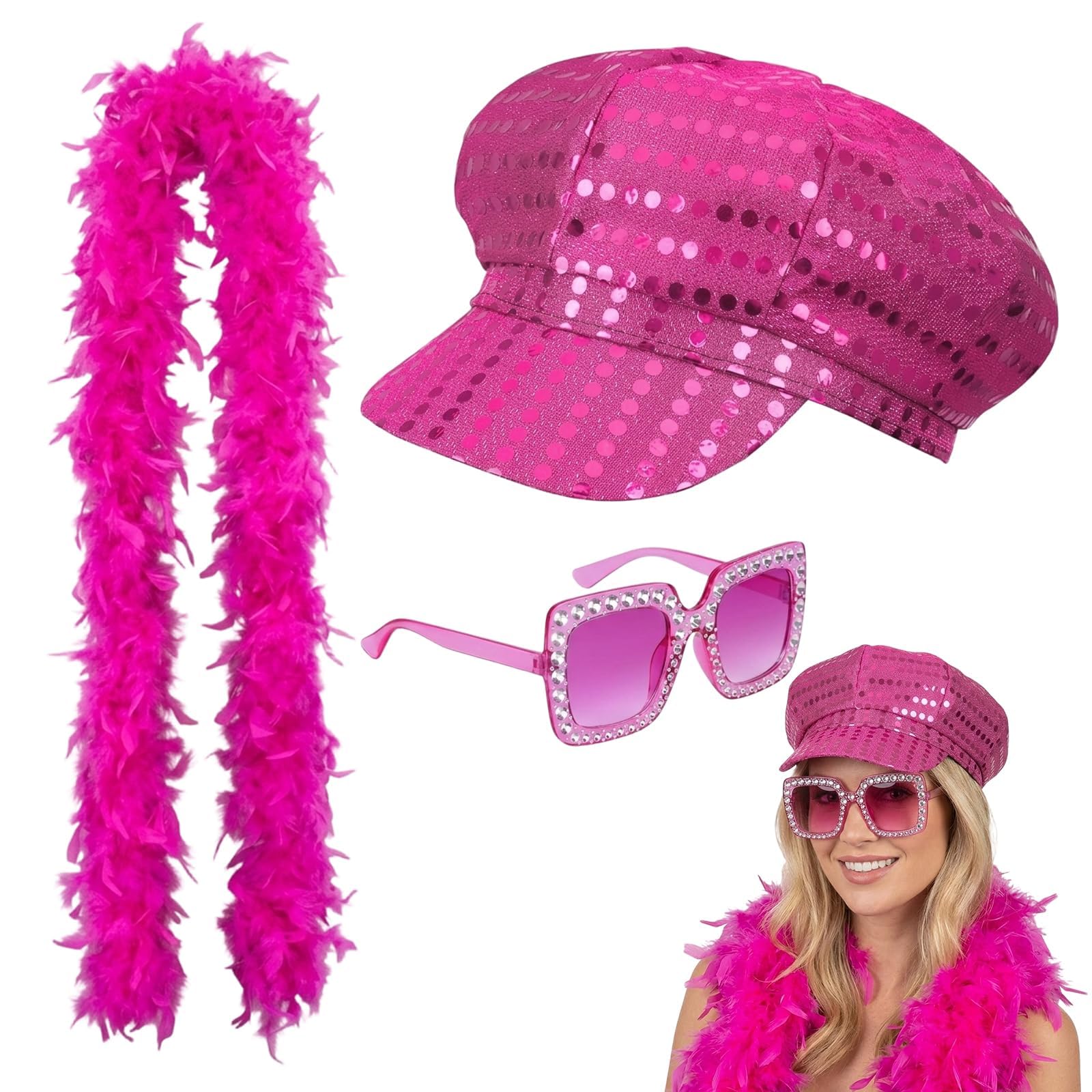 Gubilacrum 3PCS Abba Fancy Dress Costume - Abba Accessories Glitter Hat Feather Boa Set - 70s Disco Party Outfit - Adult Retro Theme Party Costume Accessories Suitable For Disco Parties