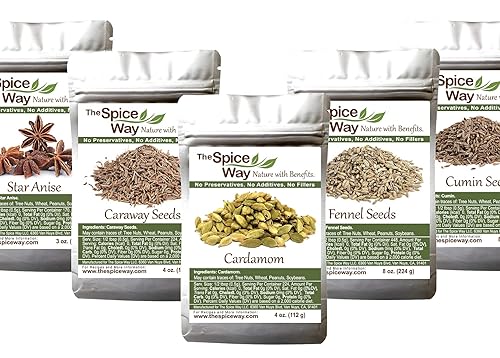 The Spice Way Cardamomo 4 onzas, semillas de hinojo 8 onzas, semillas de comino de 8 onzas, semillas de alcaravea de 4 onzas, paquete de anís